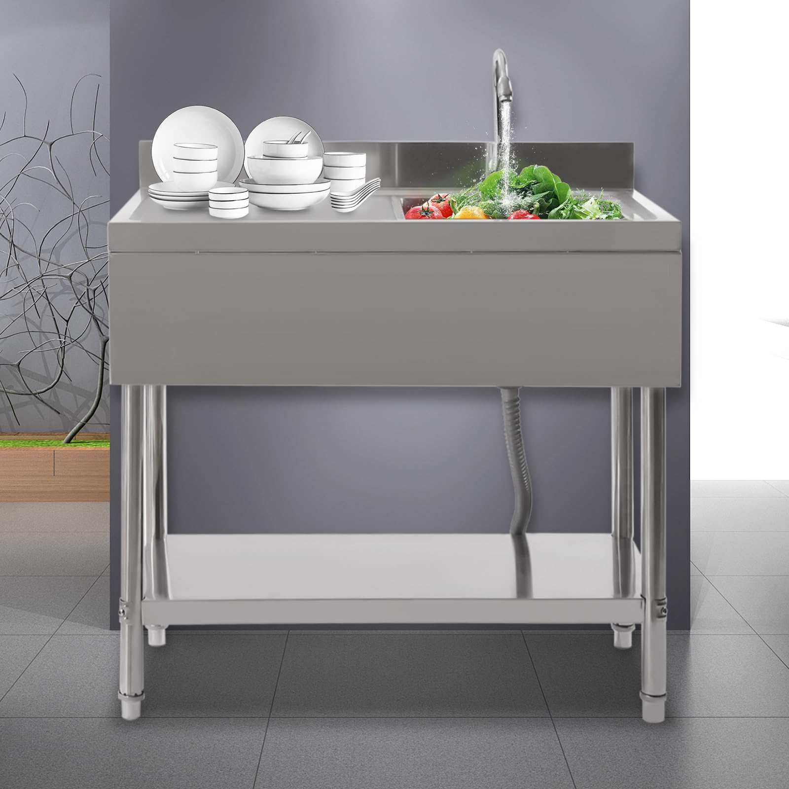 Freistehende Edelstahl Spültisch Edelstahl-Waschbecken Freistehende Außenspüle mit Arbeitsplatte und Regalen für Outdoorküche, Restaurant, Küche, Hotel, Bar, Garage