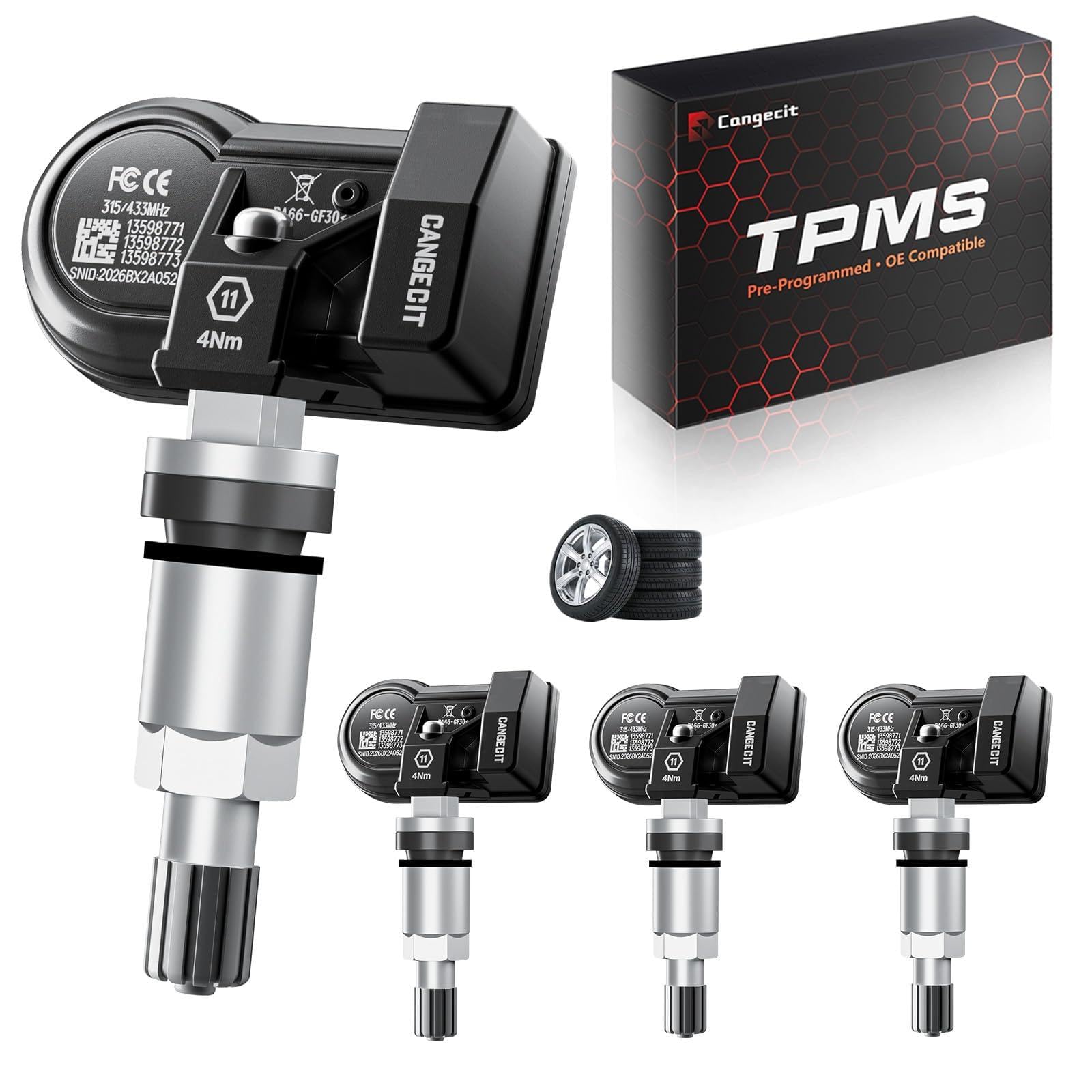 Photo 1 of 315/433MHz Pre-Programmed TPMS Sensor Set of 4 Fits Chevy Silverado, GMC Sierra, Tahoe, Suburban, Yukon, Escalade, Traverse, Equinox, Acadia, Colorado | OE# 13528563 13598773