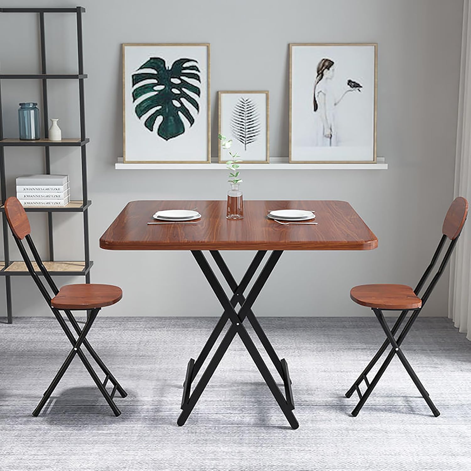 TY&amp;WJ 拡張式木製折り畳み 食卓テーブル、軽量正方形折りたたみ 食卓テーブル 省スペース メタルフレーム 折り畳み だい
