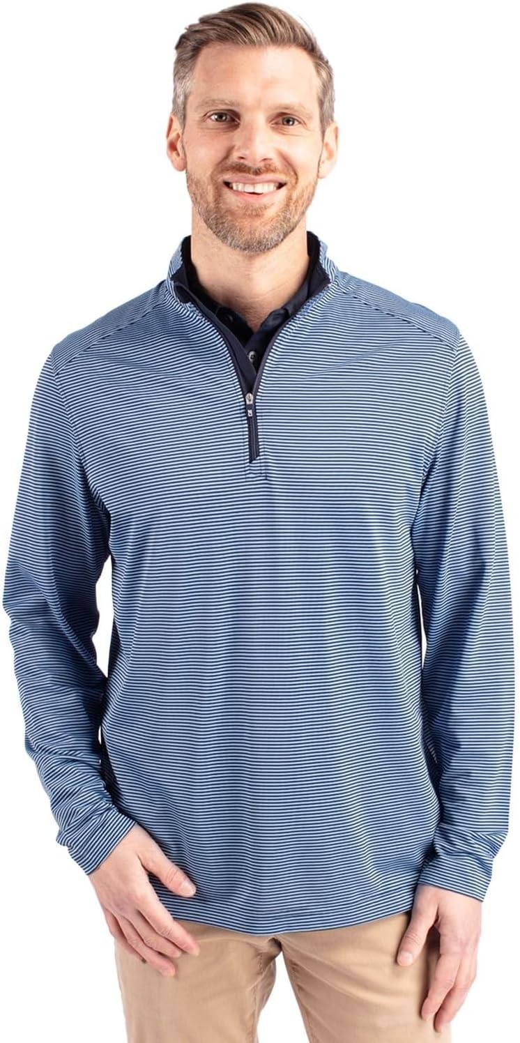 Cutter & Buck Mens Virtue Eco Pique Micro Stripe Recycled Mens Quarter Zip