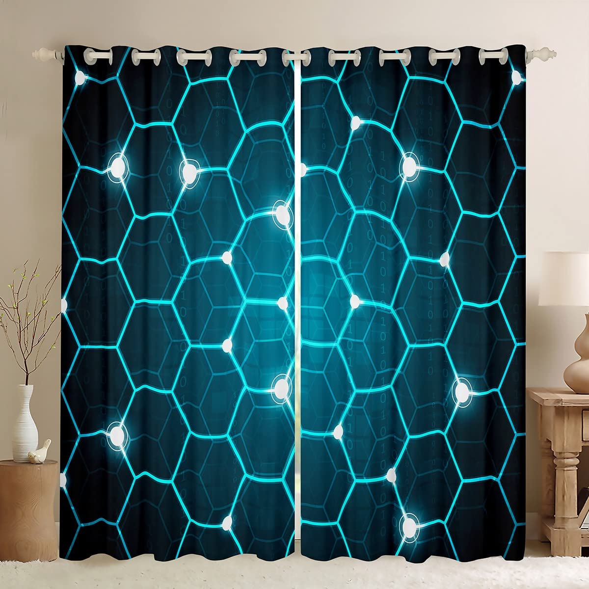 Honeycomb Curtains for Bedroom Abstract Hexagonal Window Treatment Ultra Soft Blue Window Drapes Geometric Modern Window Draperies for Kids Boys Girls Adults W46*L72