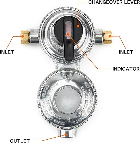 Miniatura 3 de onlyfire Regulador de propano RV para tanques duales, regulador de gas propano LP de cambio automático de 2 etapas con 2 mangueras de propano de 18