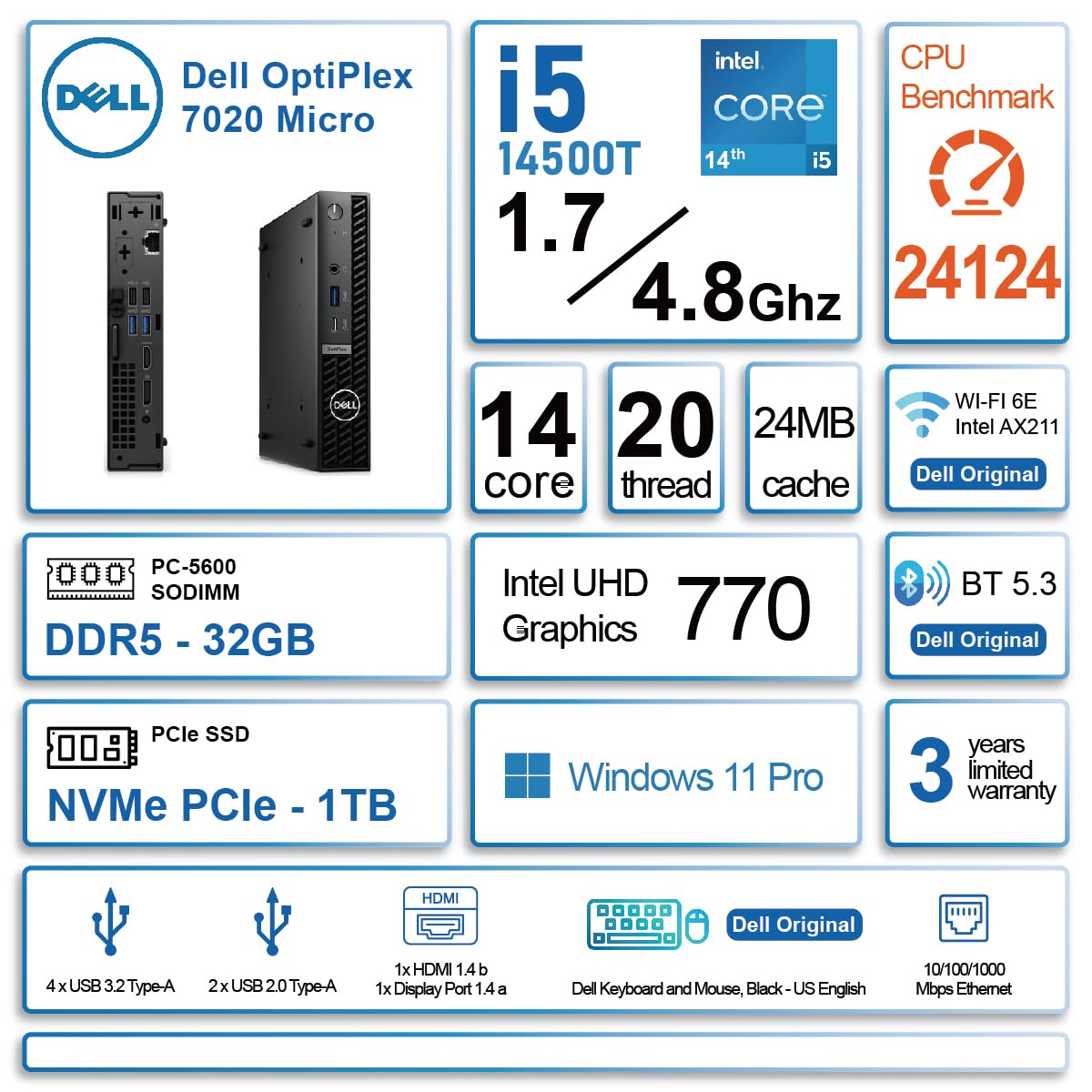 Dell OptiPlex 7020 Intel Core™ i5 i5-14500T 16 Go DDR5-SDRAM 512 Go SSD Windows 11 Pro MFF Mini PC Noir