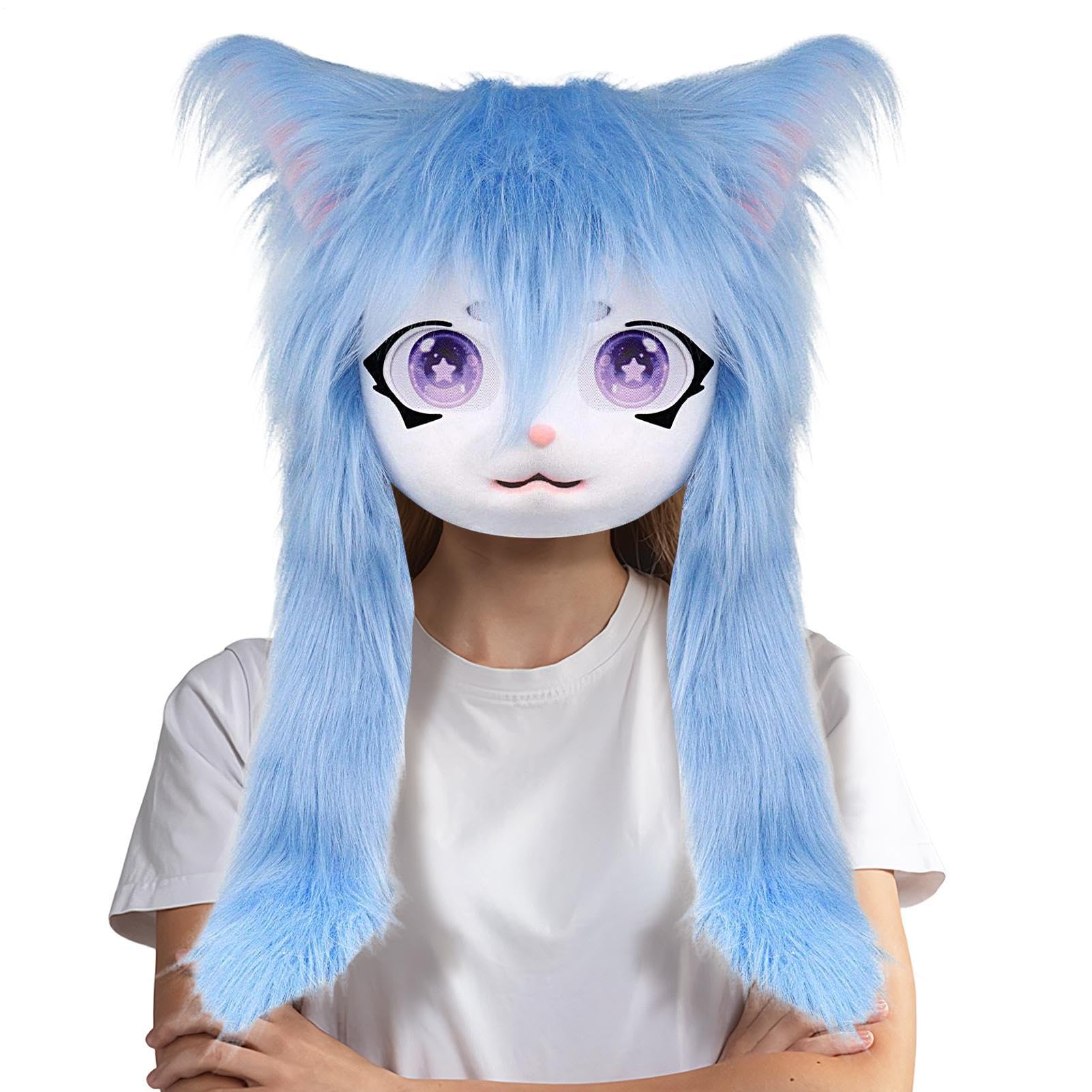 Cabezas peludas para cosplay, máscara de gato con ojos grandes, pelo largo, accesorio de disfraz realista, accesorios de cosplay para actuaciones de teatro, fiesta de Halloween, bailes de máscaras