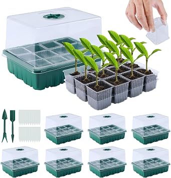 7 Packs Seed Starter Tray, 84 Separate Cells Seedling Starter Trays Kit with Humidity Dome and Base Indoor Greenhouse Mini Propagator, Reusable Seedling Tray for Plants Indoor-Clear