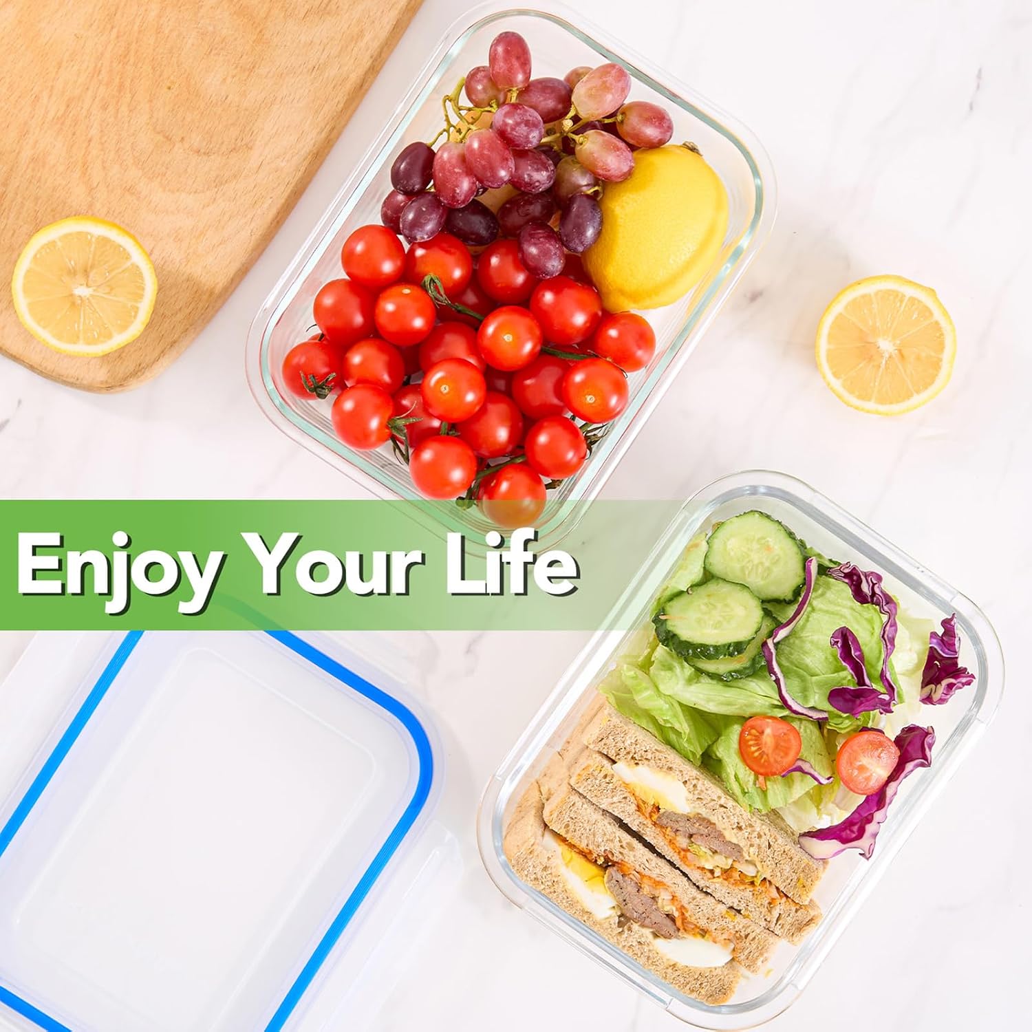 8 Pack Glass Meal Prep Containers with Lids, Glass Food Storage Containers with Snap Locking Lids, Airtight Lunch Containers for Microwave, Oven, Freezer and Dishwasher BPA Free (Blue)