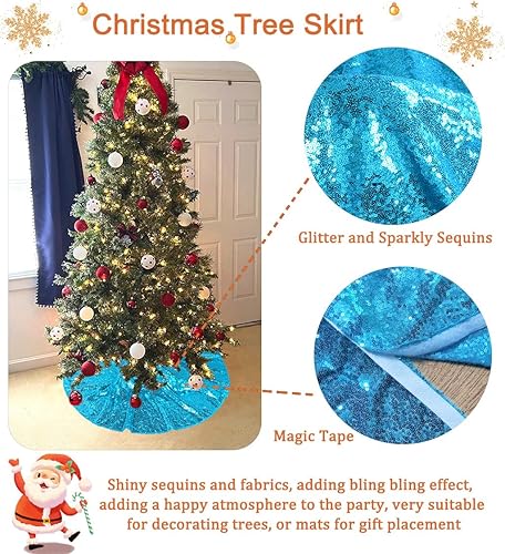 Miniatura 4 de Falda de árbol de Navidad azul de 48 pulgadas, falda de árbol de lentejuelas grande de 48 pulgadas, tapete redondo de Navidad, decoración de feliz