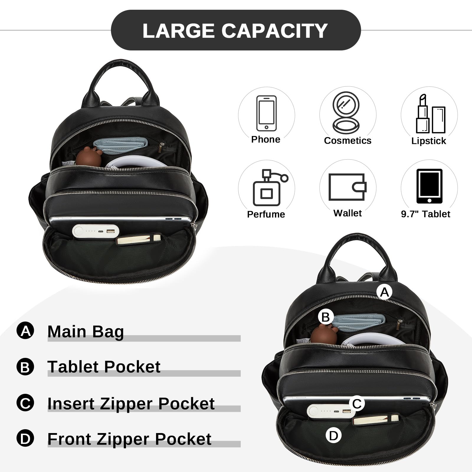 Miss Lulu Sac à dos femme élégant en cuir PU, sac à dos pour femme, imperméable, sac à dos pour travail, étude, voyage et shopping
