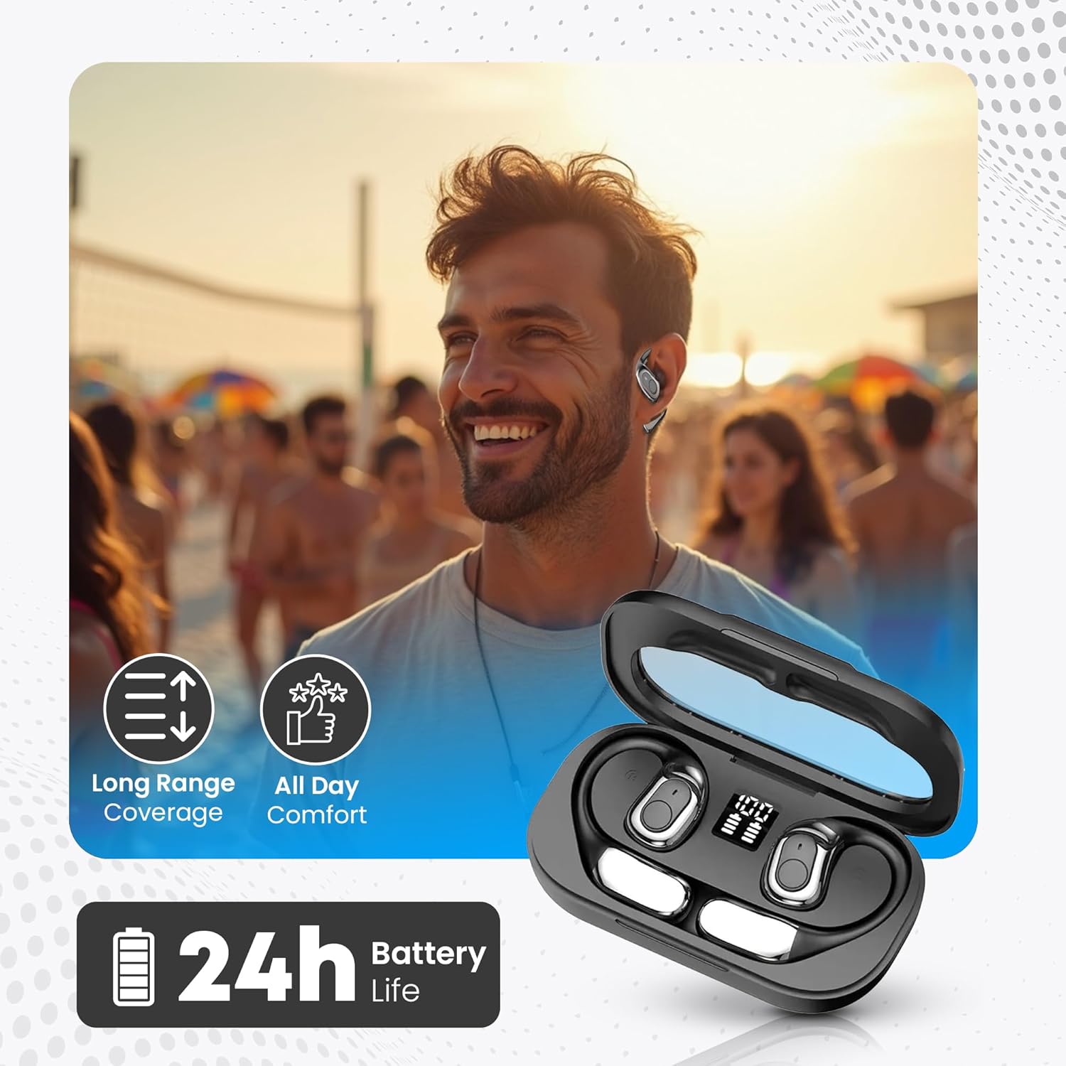 Language Translator Earbuds 144 – Wireless Bluetooth, Real-Time Translation with No Subscription, Built-in Microphone, Hi-Fi Music, Long Battery Life, Waterproof, Compatible with Android & iPhone