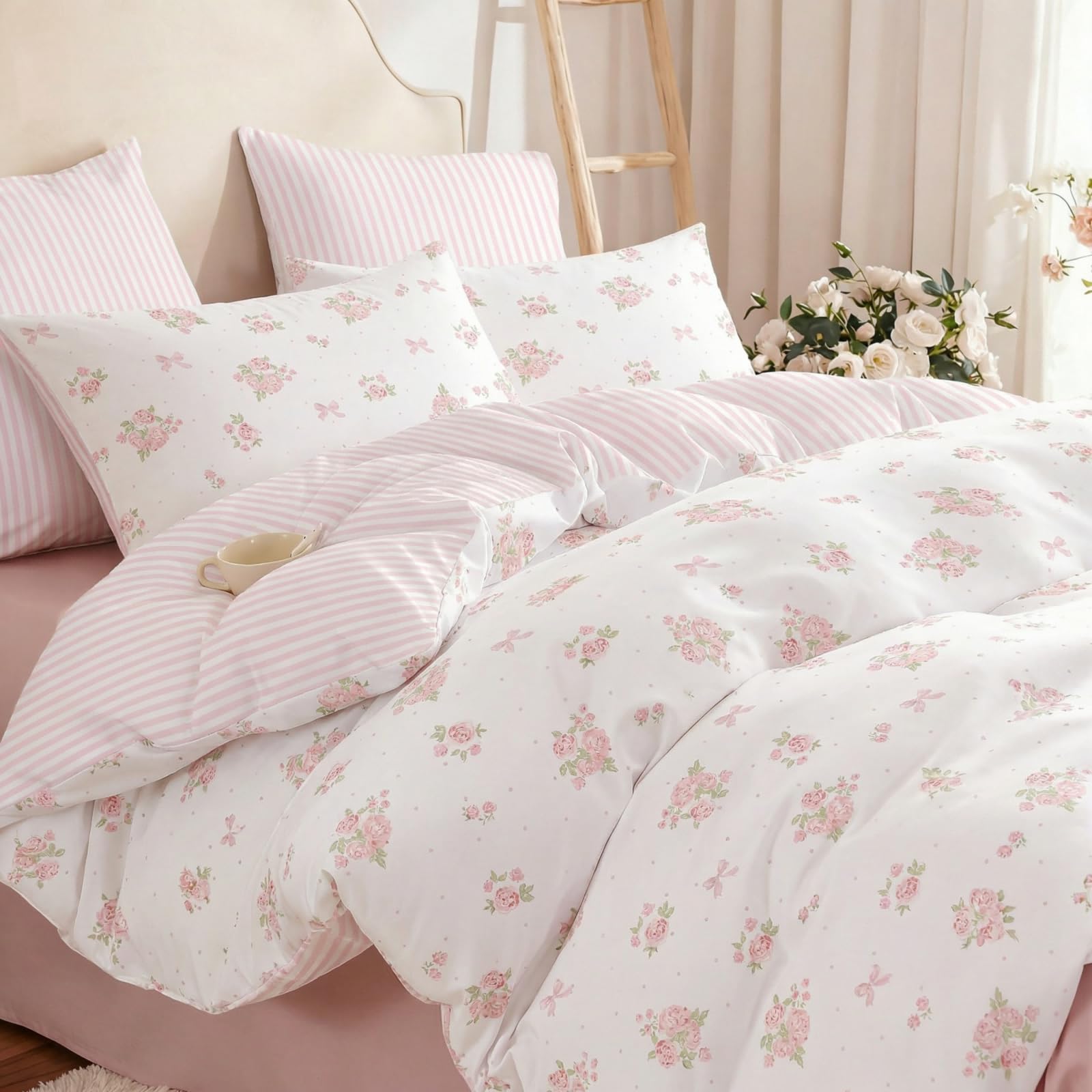 Freyamy Blumen Bettwäsche 135x200cm 2teilig Grün Weiß Blätter Pflanzen Wendebettwäsche Floral Mädchen Bettwaren-Sets 100% Microfaser Bettbezug mit Reißverschluss und Kissenbezug 80x80cm