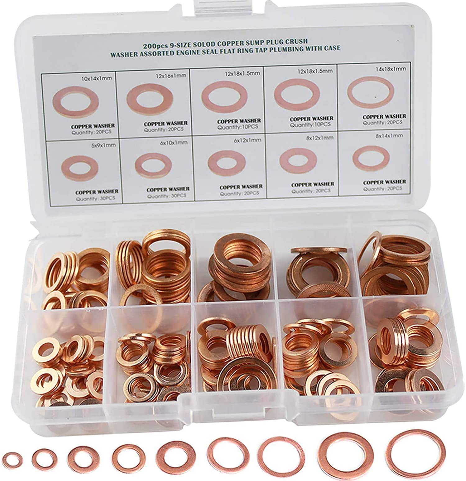 ELECDON Crush Washer, Copper Washers Assortment Set Suitable for All Types of Engines, Lock Washers Assortment Metric Ring Copper, Including Automobiles, Ships, Generators, Machinery, with Box