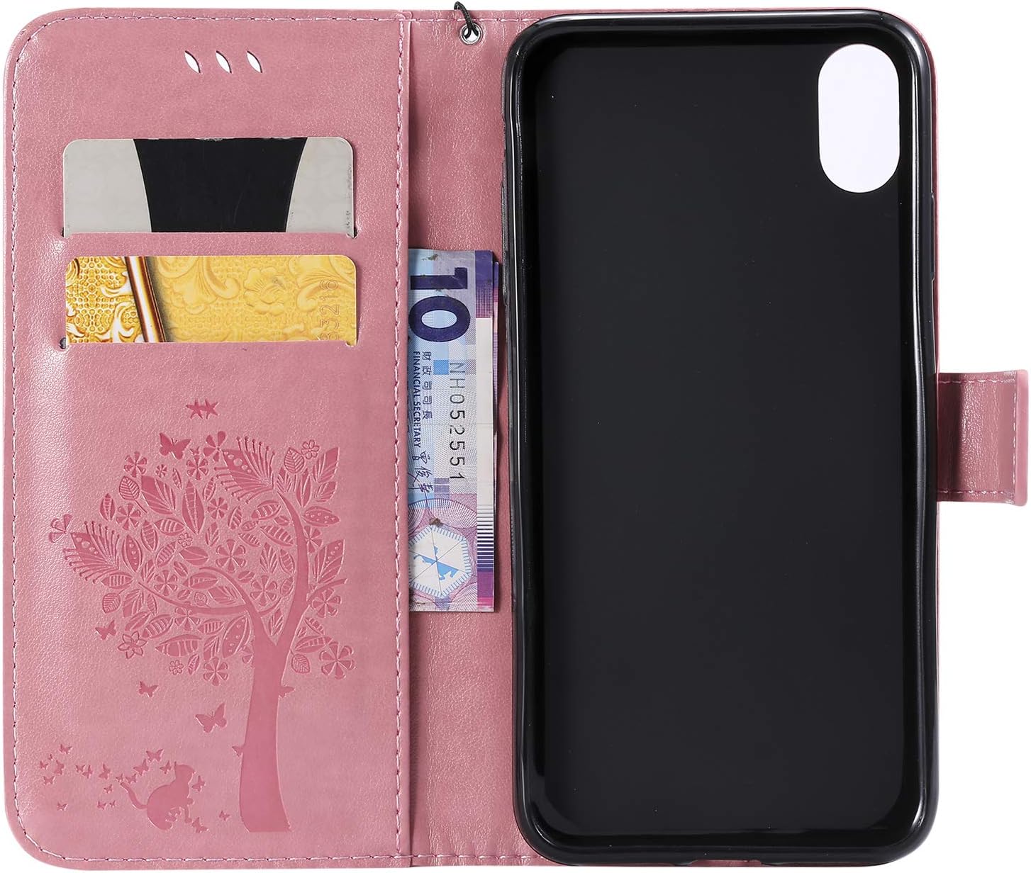 iPhone Xs Max Case,iPhone Xs Max Wallet Case,iPhone Xs Max PU Leather Protective Case Emboss Cat and Tree Folio Magnetic with Card Holder Kickstand and Flip Case for iPhone Xs Max 6.5 Inch Pink