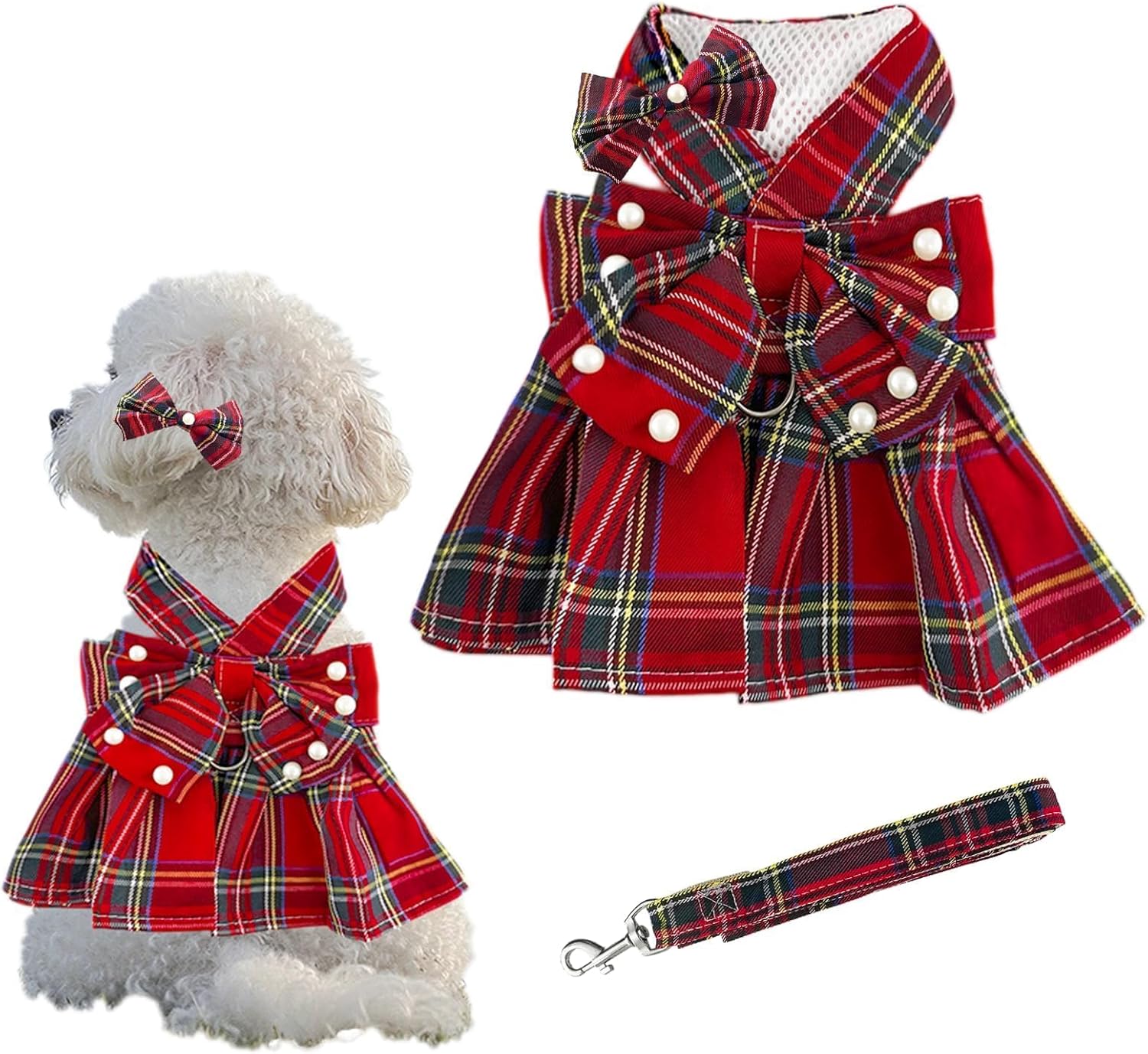Vestido para Perra Pequeña Talle L Rojo a Cuadros con Moño