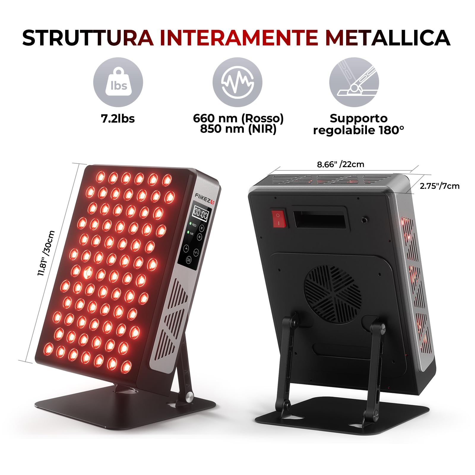 FliKEZE Lampada per Terapia a Luce Rossa 78 LED, 2 Chip (660nm, 850nm), Lampada a Infrarossi con Timer, NIR, Supporto Regolabile 180° per Casa e Sport