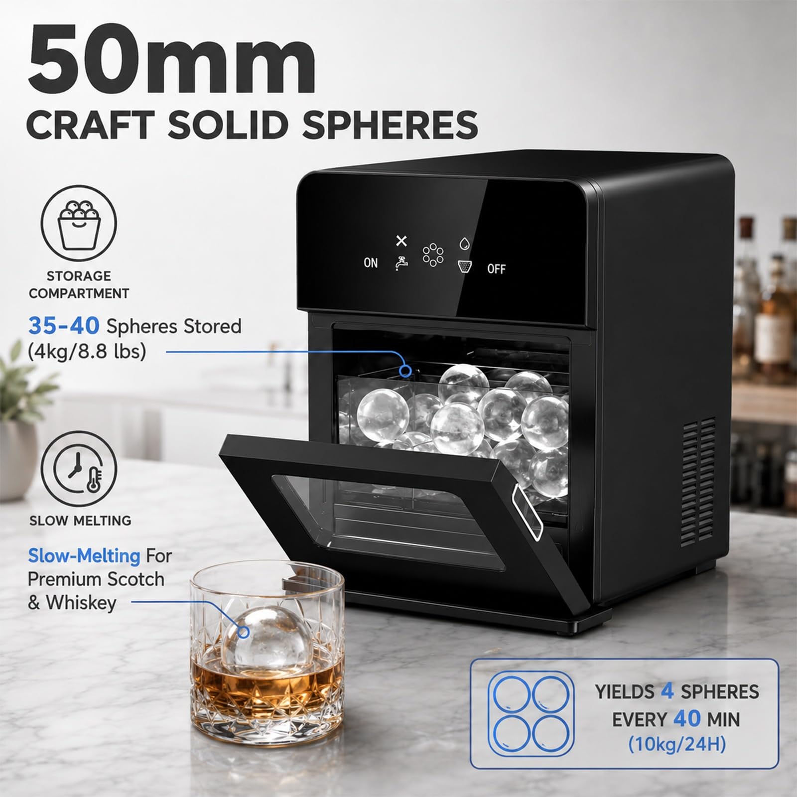 Genérico Máquina para Hacer Hielo con depósito de Agua de 1,7 L, Produce Bolas de Hielo Transparentes de 5 cm en 40 Minutos, Incluye 40 recipientes de Almacenamiento para Fiestas y cócteles.