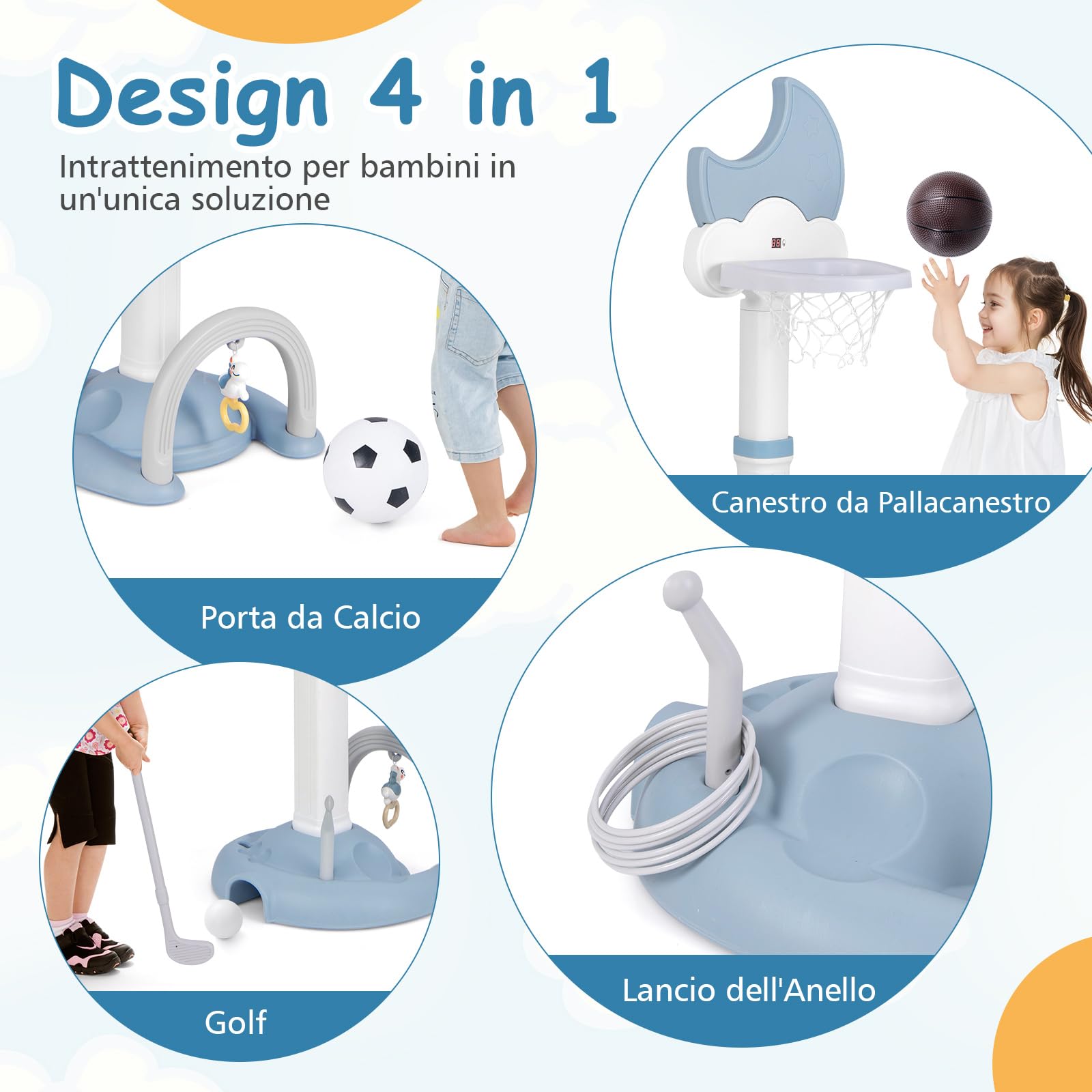 RELAX4LIFE 4 in 1 Canestro Basket per Bambini, con Basket, Calcio, Golf e Gioco del Lancio degli Anelli, Tabellone Elettronico ed Effetti Sonori, Regolabile in Altezza, 3+ Anni (BLU)
