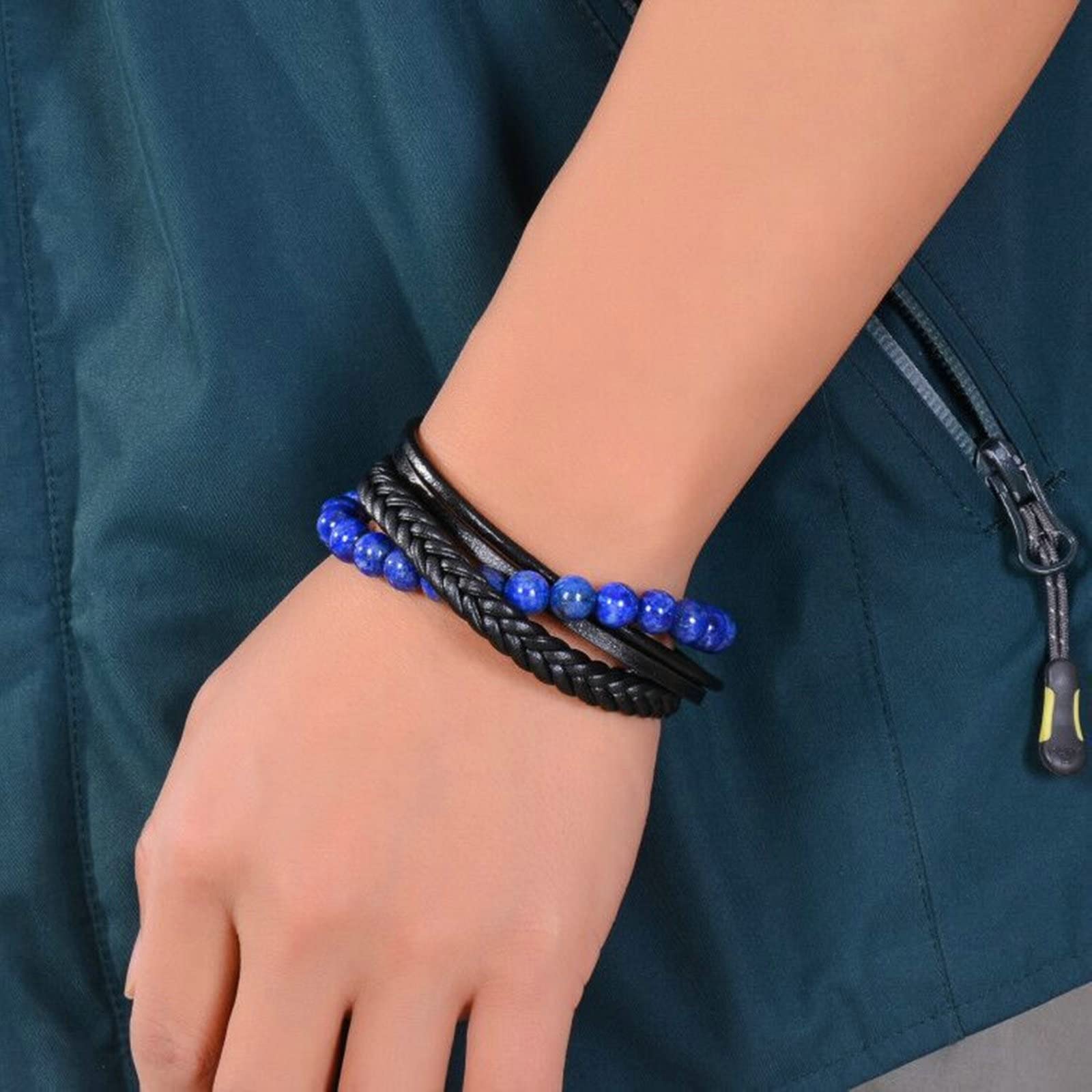 Perlenarmbänder für Herren, mehrschichtiges geflochtenes Steinarmband aus Leder, Gothic-Armband für Herren, 21 cm