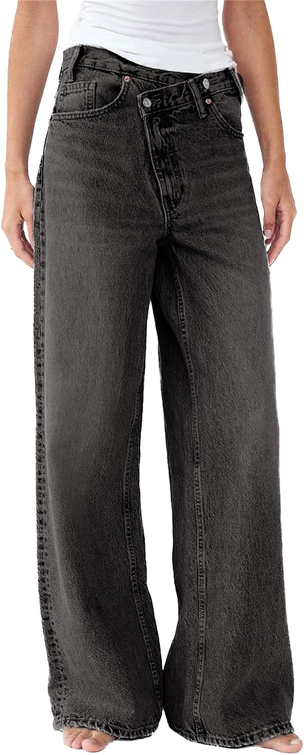 Owl's-Yard Women's Y2k Mid Rise Washed Baggy Jeans Crossover Wide Leg Loose Boyfriend Denim Pants Trousers with Pockets