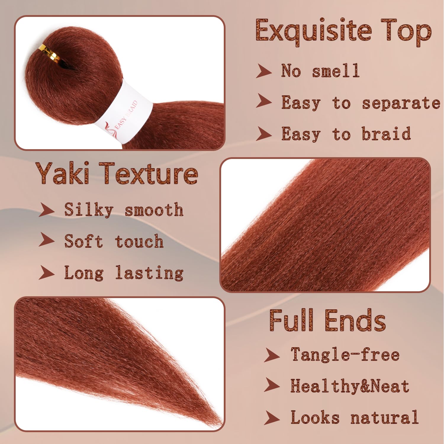 Ginger Braiding Hair 24 Inch 8 Packs 350 Pre Stretched Braiding Hair Extensions for Braids Synthetic Crochet Braids Hot Water Setting Soft Yaki Texture(24 Inch,8Packs,350#)
