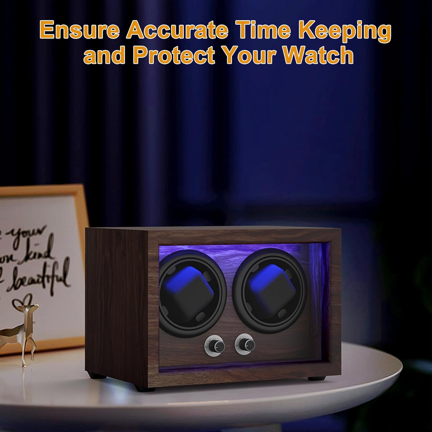Watch Winder for Automatic Watches,Wooden Watch Rotating Case with LED Light,4 Rotation Modes,Elastic Watch Pillows Quiet Mabuchi Motor