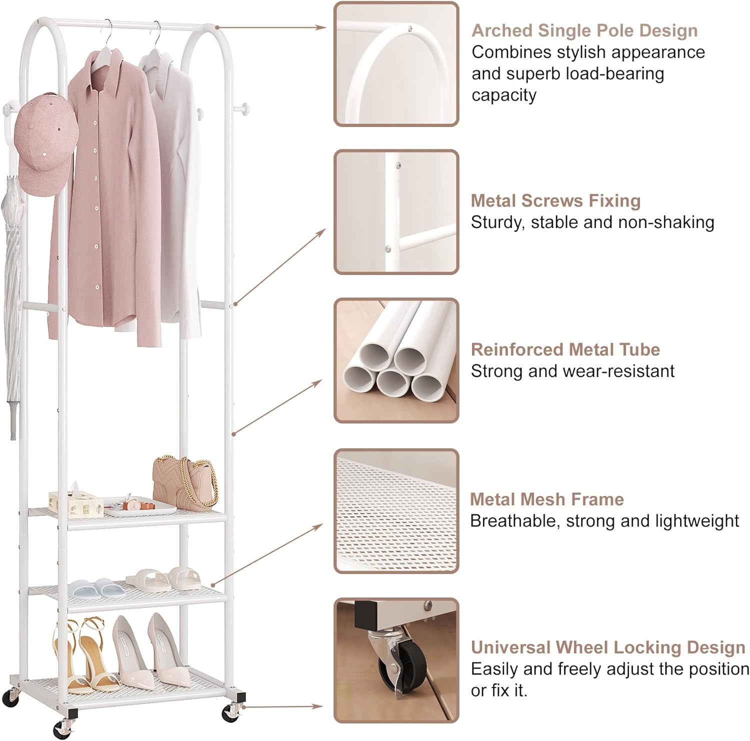 Hall Tree with Wheels and Hanging Hooks,Heavy-Duty Metal Coat Rack with Shoe Shelves,3-in-1 Narrow Entryway Storage for Small Space,Suitable for Hallway,Bedroom and Bathroom,White