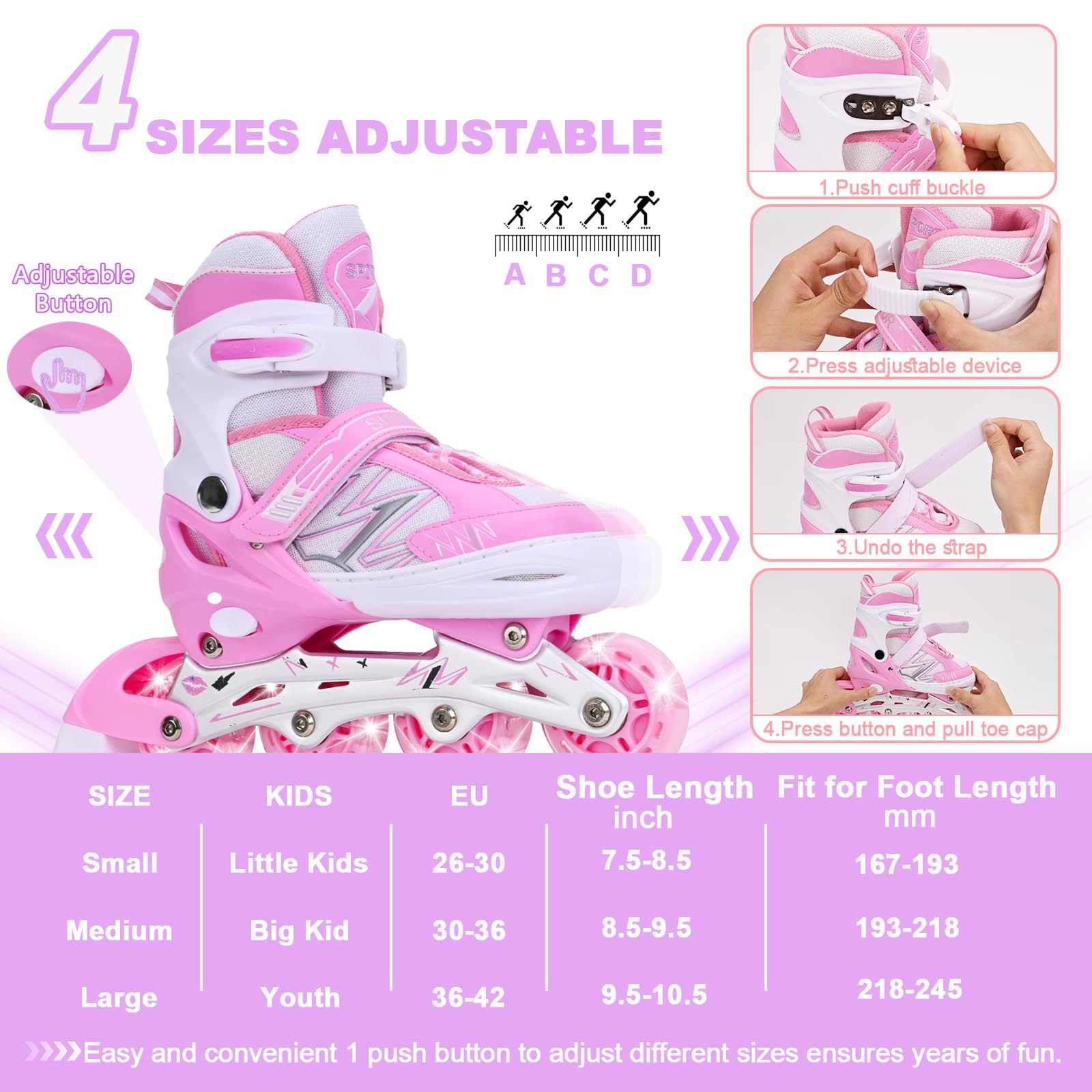 Pattini in linea per bambini regolabili per ragazze ragazzi con tutte le ruote che si illuminano, per principianti grandi pattini a rotelle per bambini all'aperto e al coperto (Rosa Bianco, S)