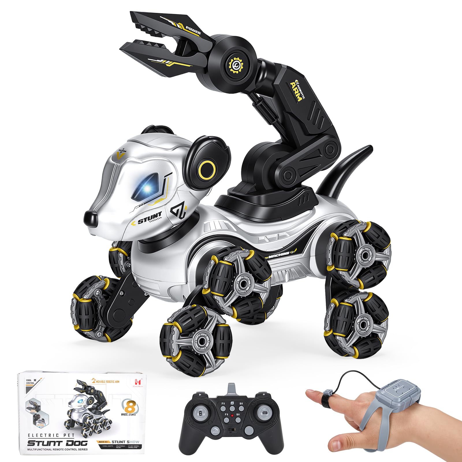 Roboter Hund Kinder – Interaktiver RC Roboterhund mit Gestensteuerung Uhr, Greifarm, 8-Rad Stunts, Licht & Musik, Programmierung, Doppelakku - Robot Dog für Mädchen Jungen 3-12 Jahre