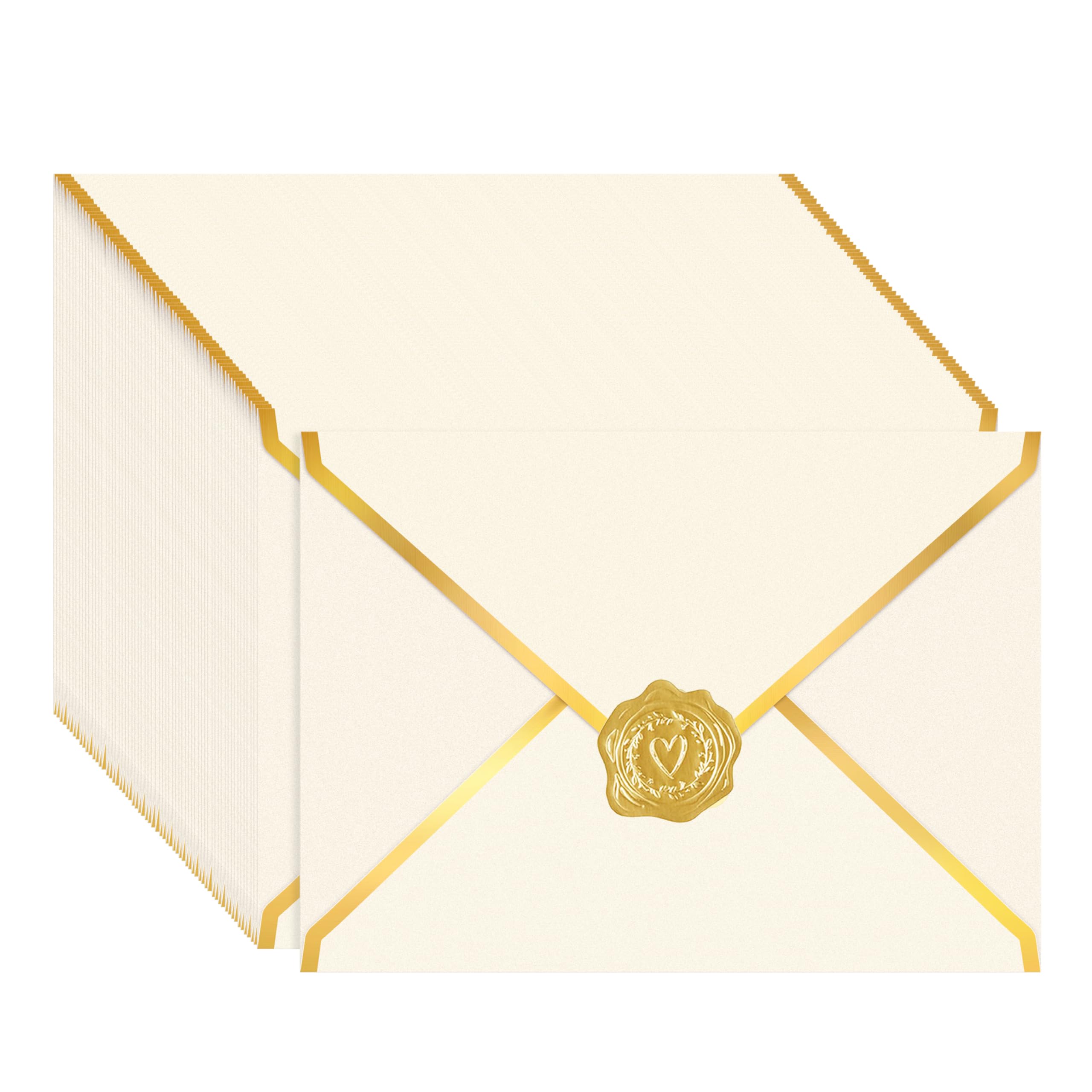 AVERZELLA 100 Pack 5x7 A7 Envelopes for Invitations, 250g Thick Shimmer Cardstock 4x6 Envelopes with Gold Foil V Flap&Sealer, A6 Envelope for Gift