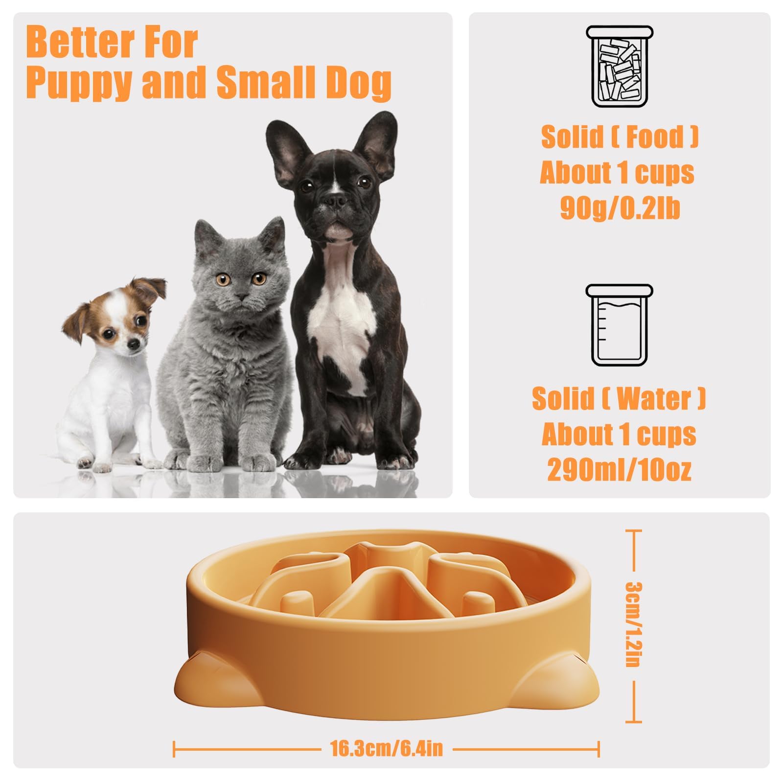 TOKAYIFE Ciotola Anti Ingozzamento, 16.3cm Ciotole per Cani Antiscivolo Durevole ad Alimentazione lenta (S, Arancione)