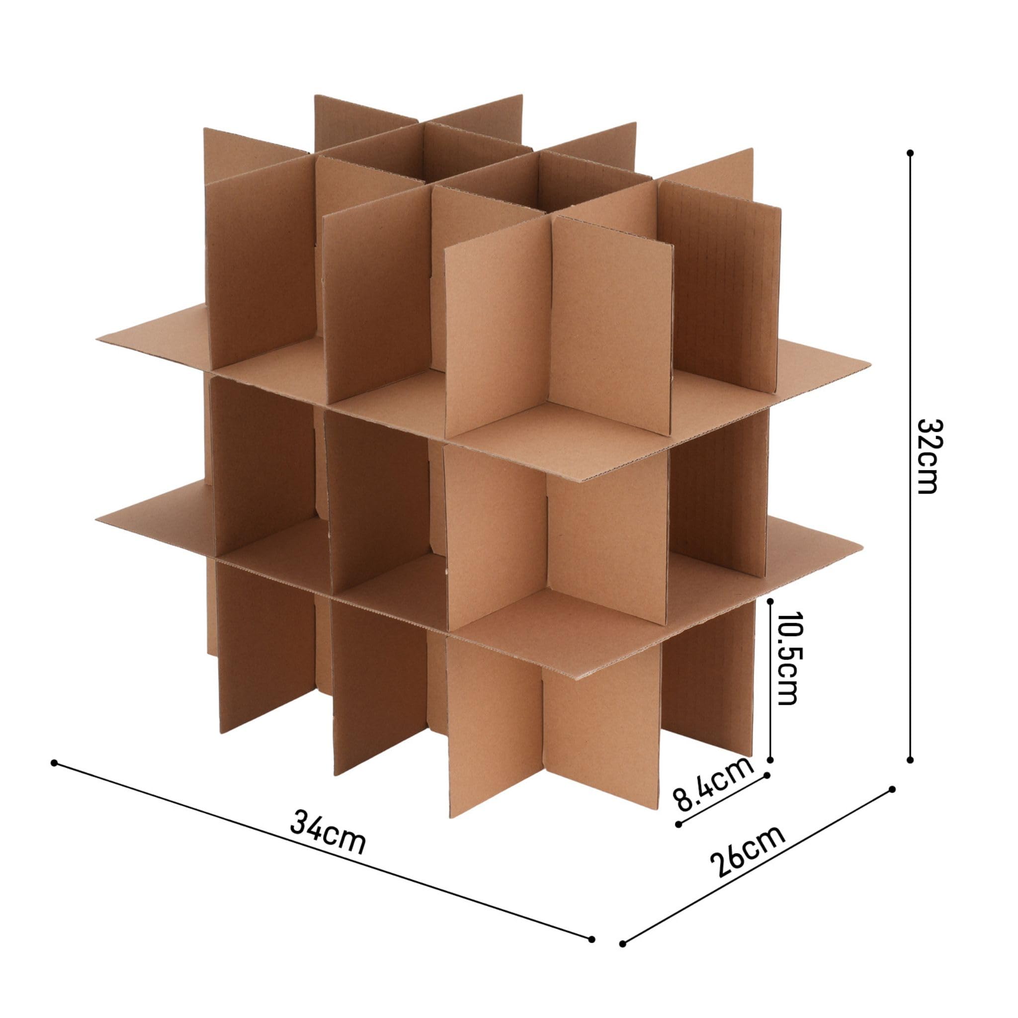 Kit Déménagement Vaisselle – 6 cartons multi-usage (34x26x32 cm, 28L), 6 séparateurs 2 x 9 assiettes, 2 x 36 verres, 2 x 12 bouteilles, 1 rouleau adhésif Havane (4,6 cm x 68 m)