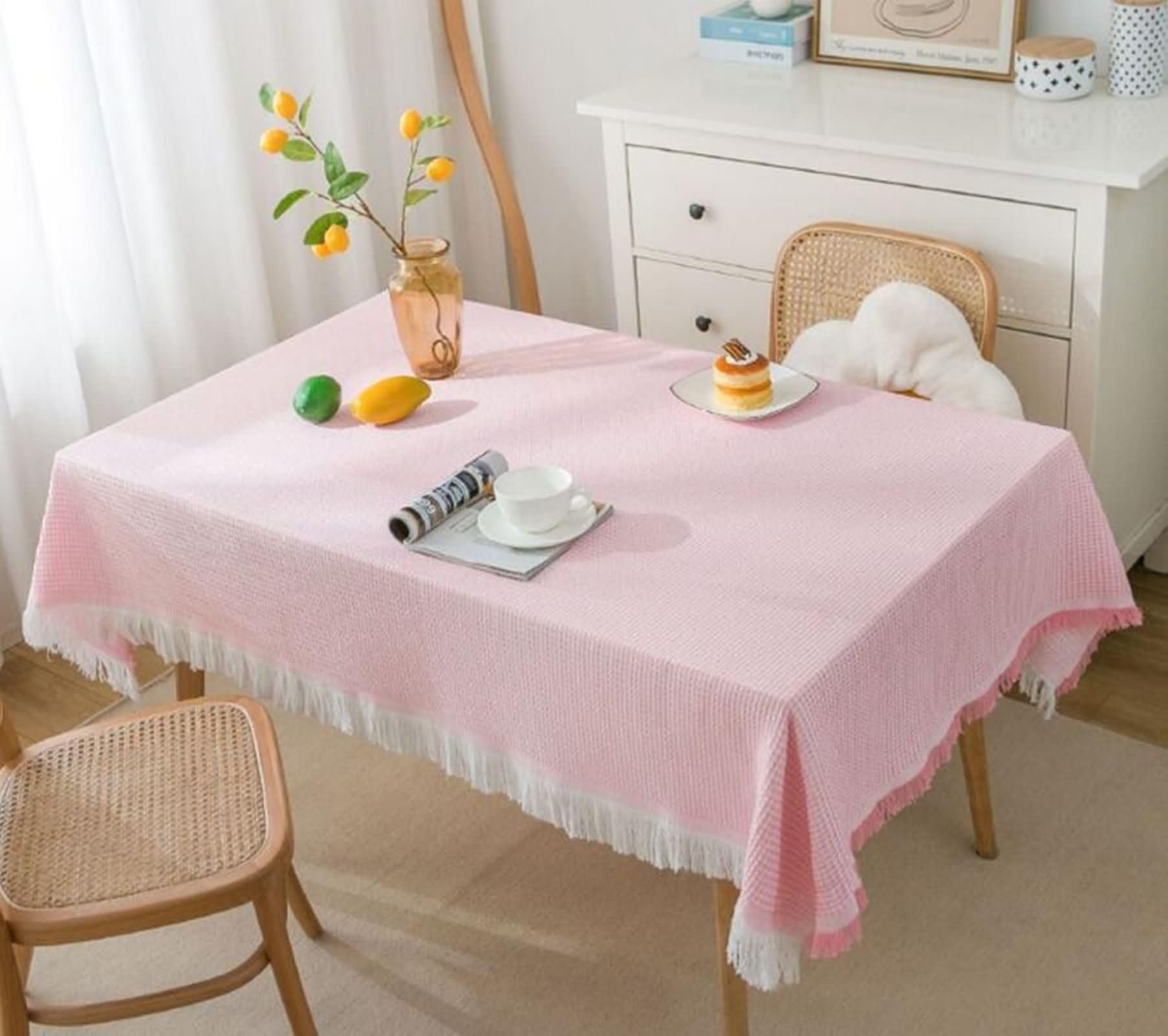 Tovaglia Decorativa Rettangolare, 180x260 cm Tovaglia in tessuto a quadri per sala da pranzo, cucina, feste, con frange, Rosa Bianco, Stile3