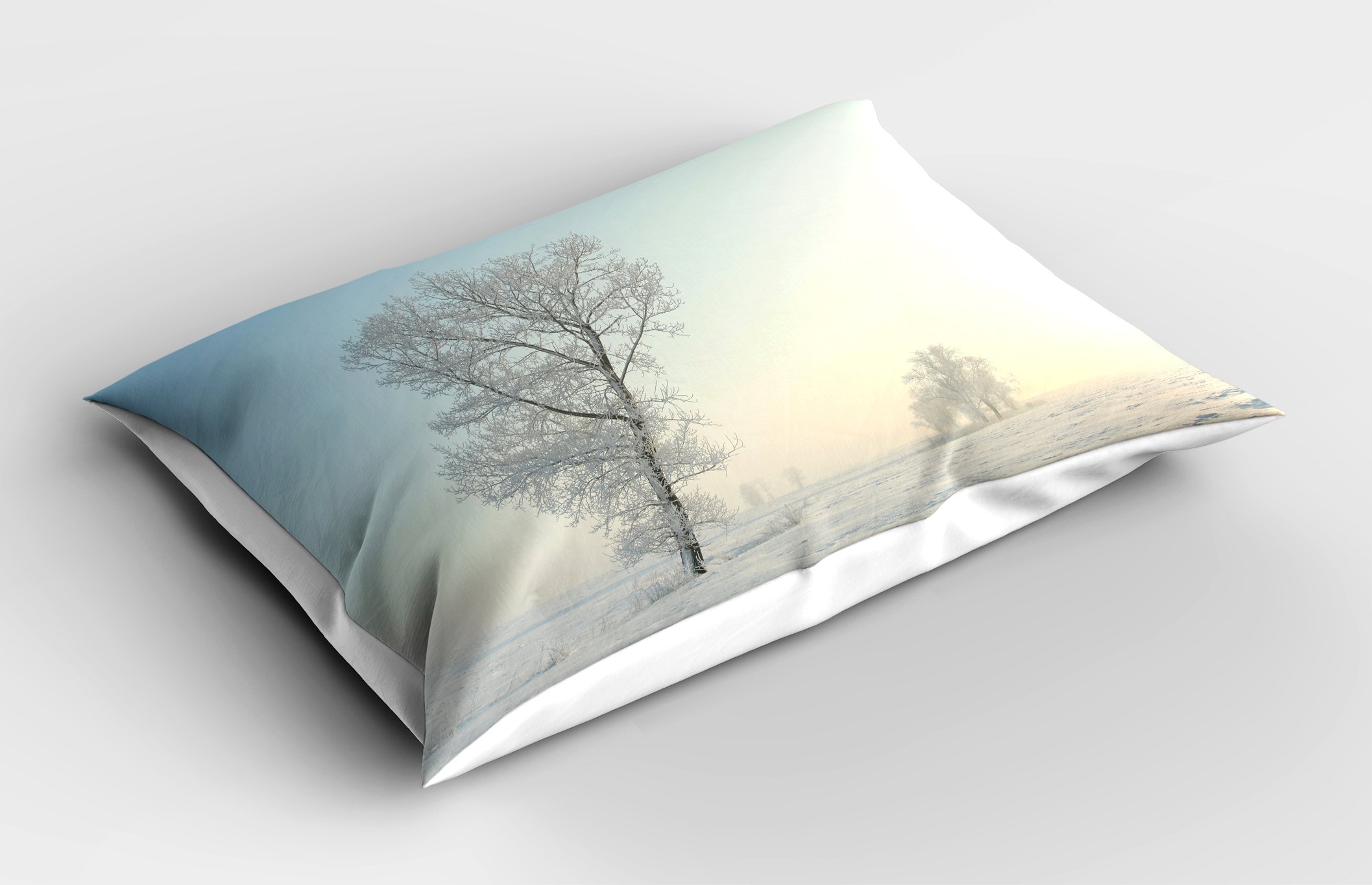 Ambesonne Winter Pillow Sham, Frozen Tree on Sunny Winter Morning Rising Sun Landscape Deserted Land, Decorative Standard Queen Size Printed Pillowcase, 30