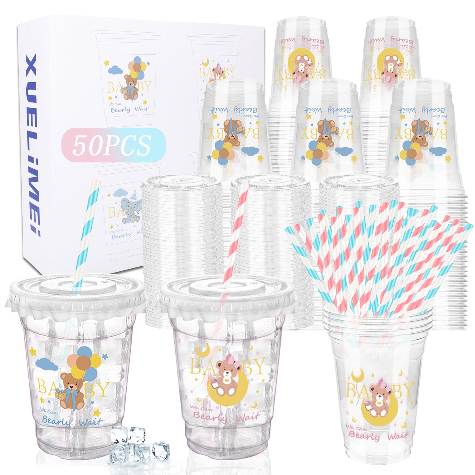Xuelimei Baby Shower Party 12 oz Disposable Plastic Cup with Lids Pink and Blue Bear Cups Baby Shower Table Decorations Baby Shower Party Disposable Clear Plastic Cups for Party Favors (50)