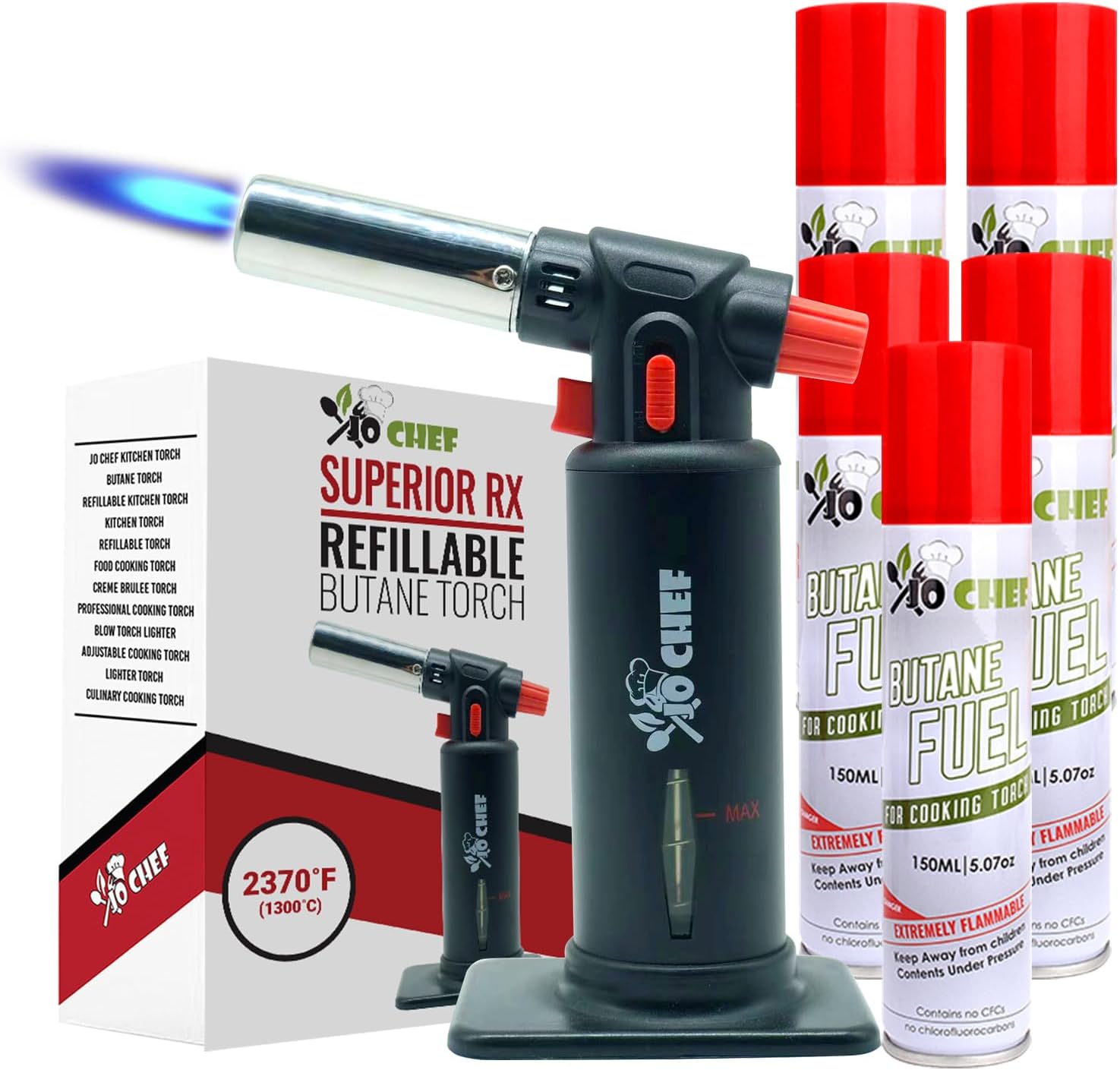 Jo Chef Butane Torch Lighter - 2,370°F Refillable Kitchen Torch, Adjustable Flame Lighter Gun With Safety Lock for BBQ, Baking, Brulee Creme, DIY, Crafts and Soldering - 5 Butane cans included (Black)