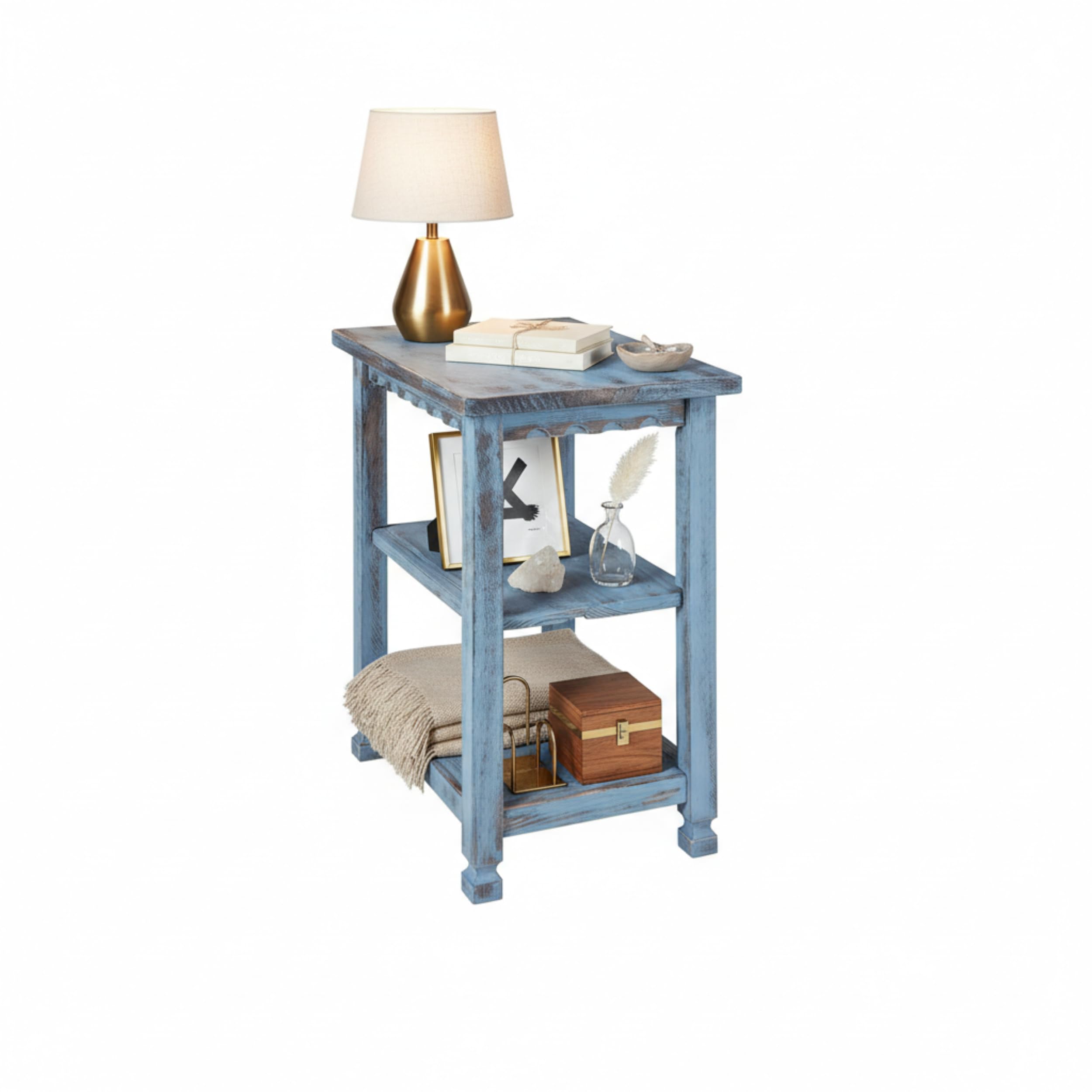 Alaterre Furniture Country Cottage 3-Tier End Table with 2 Open Shelves – Rustic Farmhouse Nightstand with Carved Edges & Square Turned Legs for Living Room or Bedroom (Distressed Antique Blue)