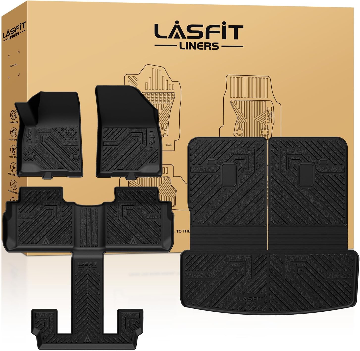 LASFIT Floor Mats & Cargo Liner with Backrest Mat for GMC Acadia 2017-2023 (Only Fit 6 Seats), All Weather TPE Custom Fit Floor Mats for Cars, 3 Rows Floor Liners Car Mats Full Set, Black 2017-2023 |GMC Acadia| 6 Seats 1st & 2nd & 3rd Row, Cargo and Backr