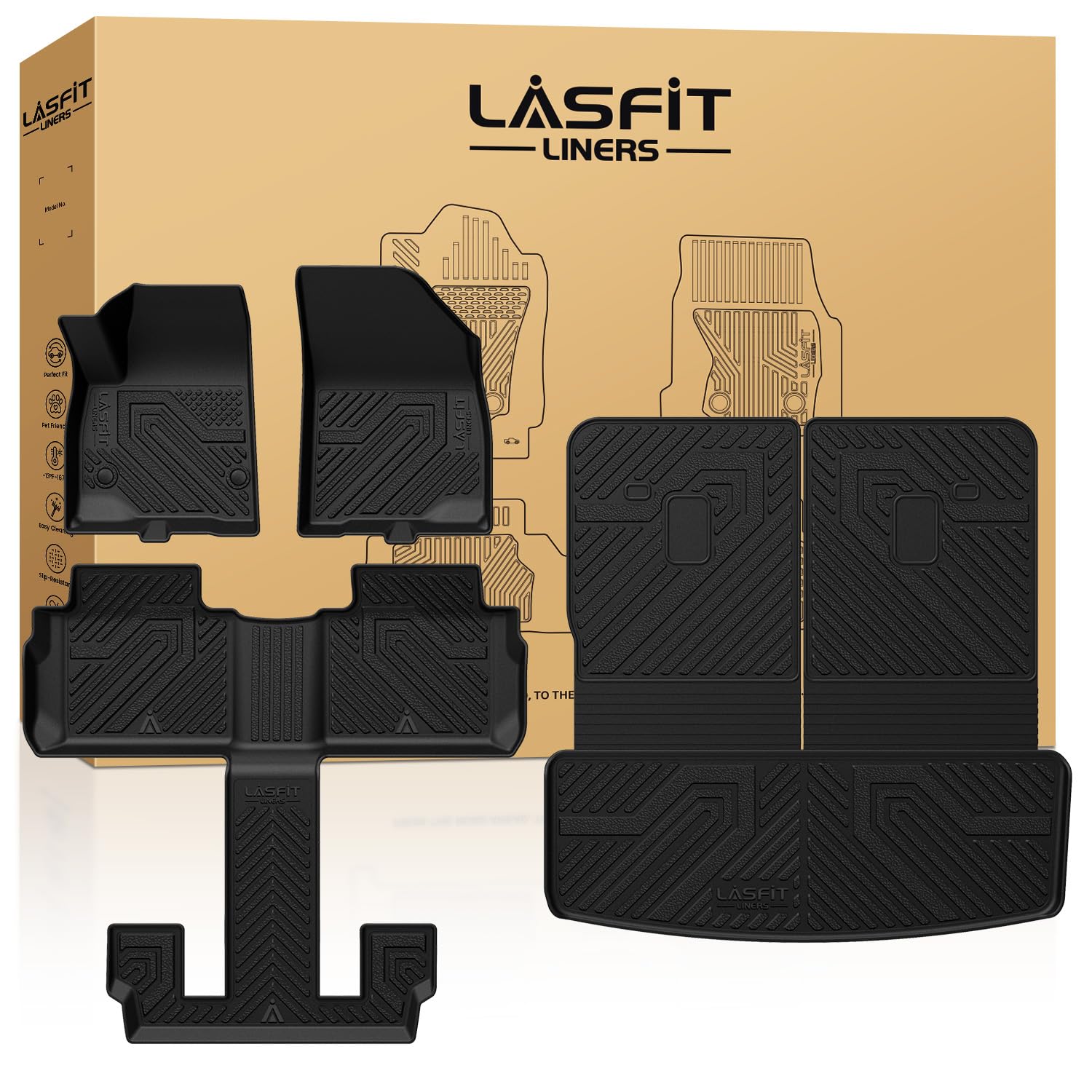 LASFIT Floor Mats & Cargo Liner with Backrest Mat for GMC Acadia 2017-2023 (Only Fit 6 Seats), All Weather TPE Custom Fit Floor Mats for Cars, 3 Rows