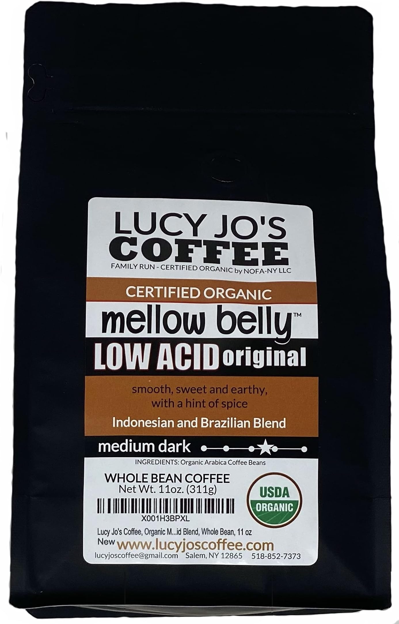 Organic Mellow Belly Low Acid Blend, Medium Dark Roast, Whole Bean, 11 oz (11 OZ)