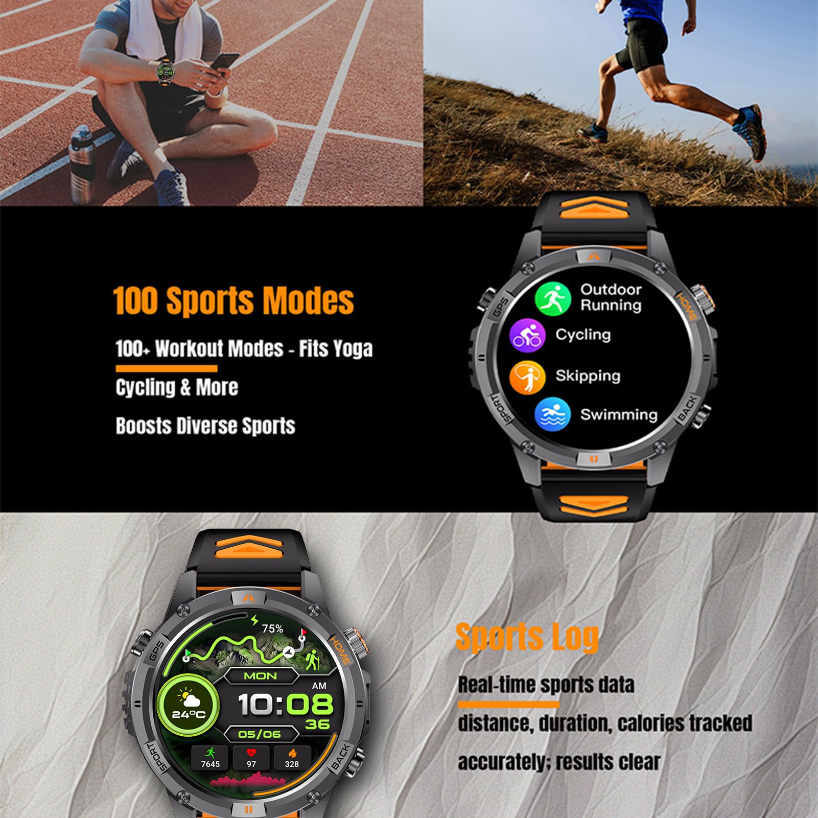 Orologio Sportivo Intelligente, Tracker di attività GPS con Risoluzione 360x360 da 1,46 Pollici con Oltre 100 modalità di Allenamento, per IOS Corsa Nuoto Escursionismo Sport (e arancione)
