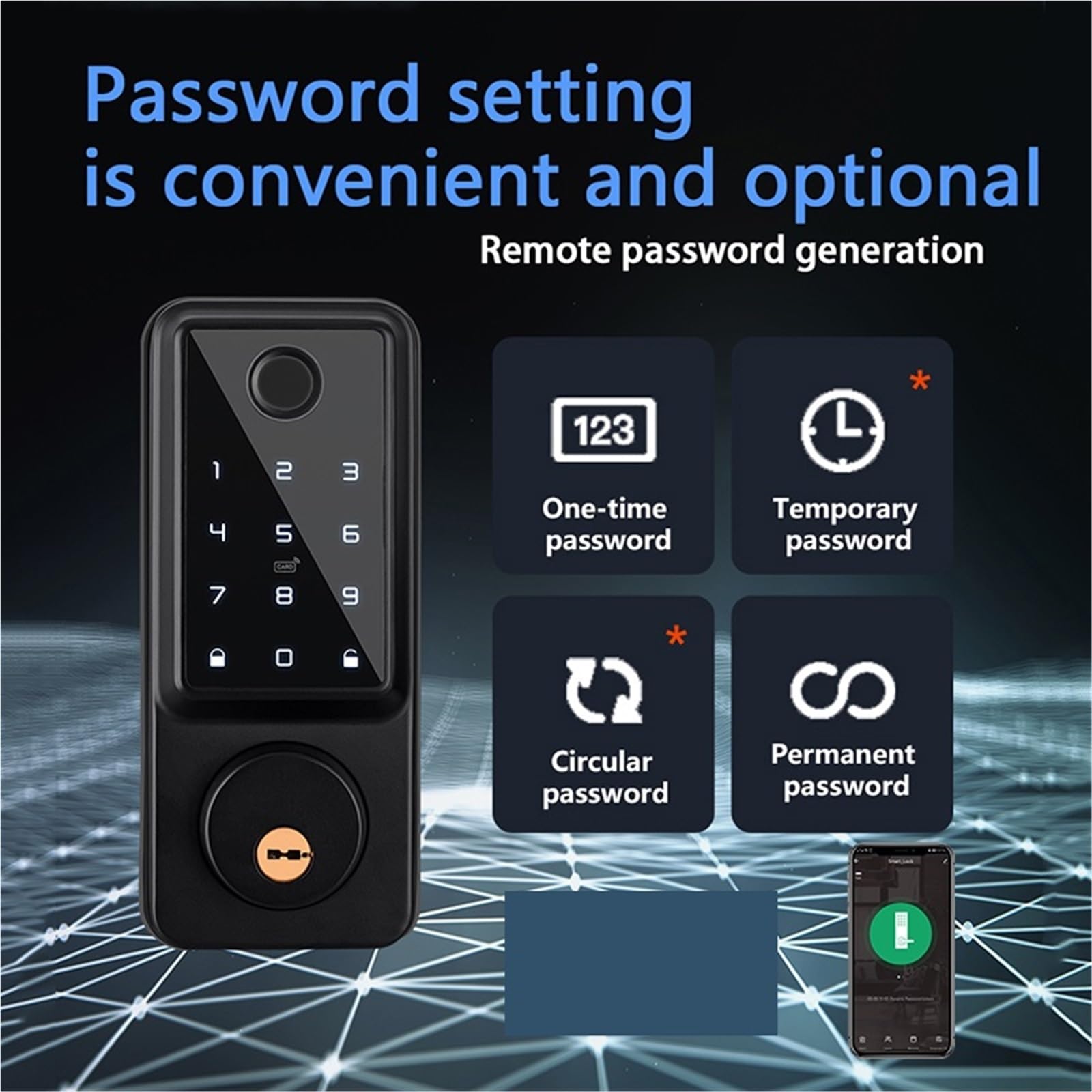 Serratura Smart, Smart Lock Biometria delle impronte digitali APP Controllo remoto Scheda password Serratura elettronica con catenaccio automatico,per camere da letto, uffici e hotel(Noir)