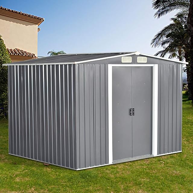 Panana 8 x 6 ft Corrugated Metal Garden Storage Shed w/ Sliding Door Sloped Roof - Grey