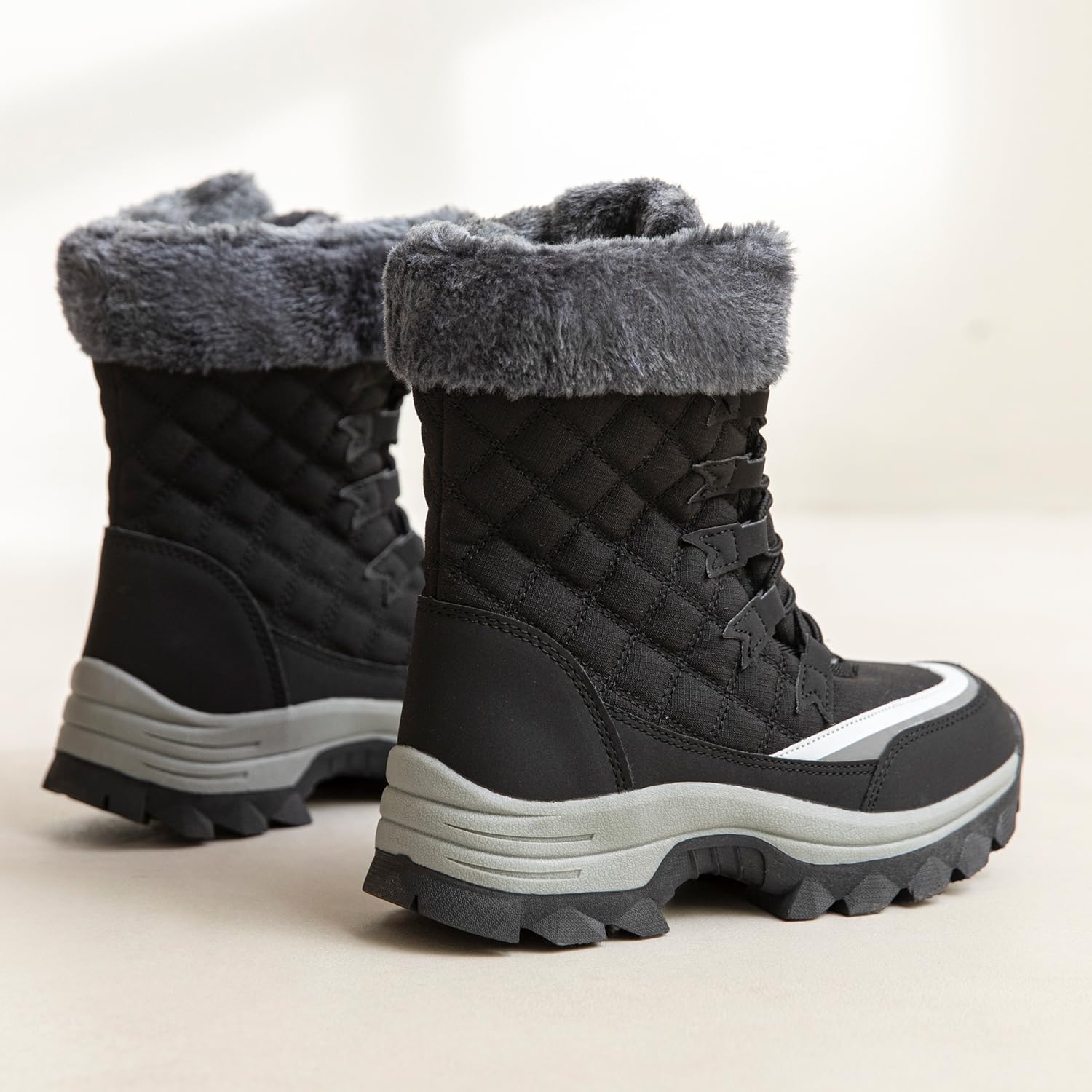 kkdom Women 's Snow Boots Lightweight Lace-Up Winter Boots Mid-Half Hiking Boots Cold Weather Outdoor Shoes