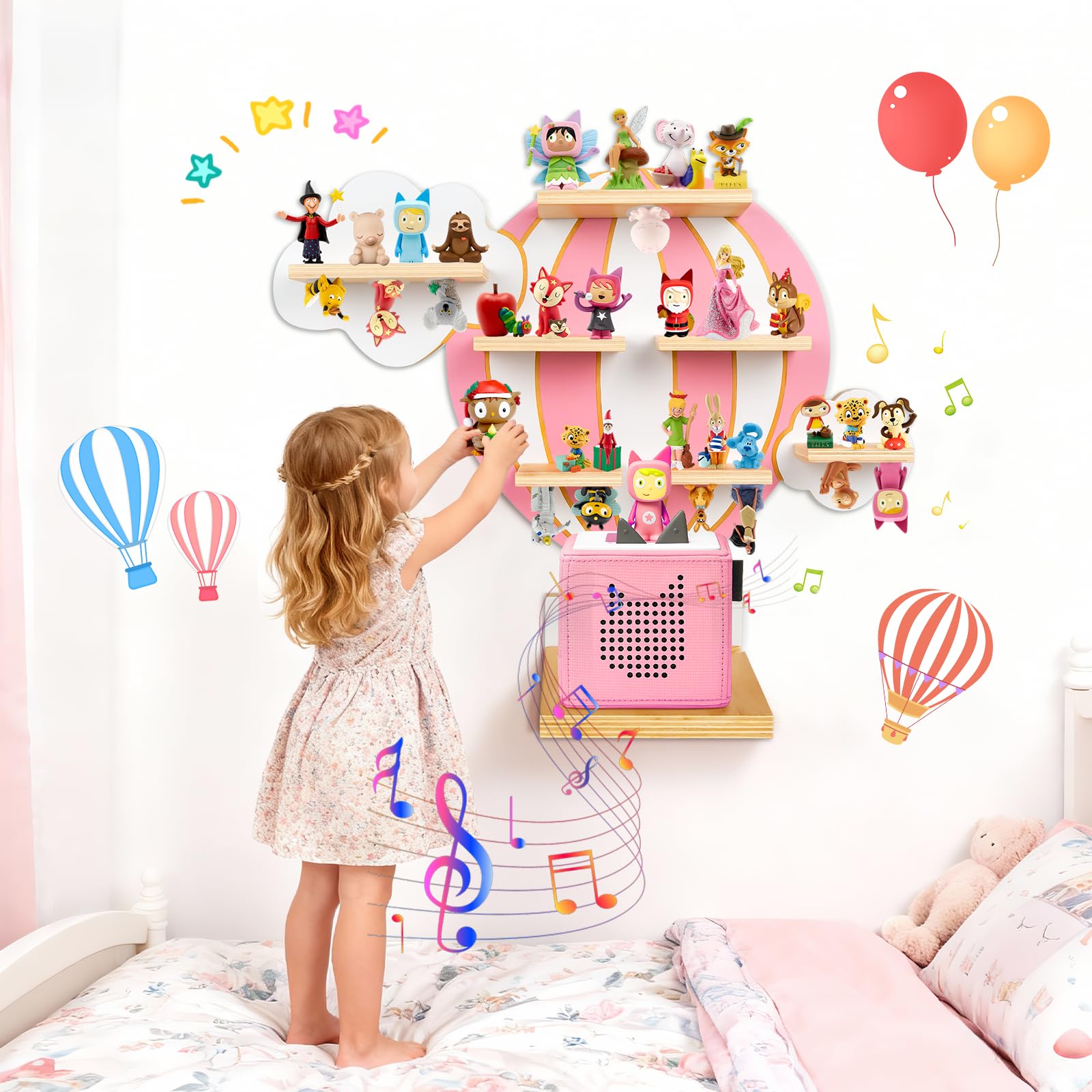 Tonie Regal Heißluftballon & Wolken, Wandregal Standregal für Toniebox & Figuren, Toniebox-Regal für Mädchen Jungen, Perfekte Aufbewahrung im Kinderzimmer, Zubehör für Toniebox 1 & 2 Starterset, Rosa