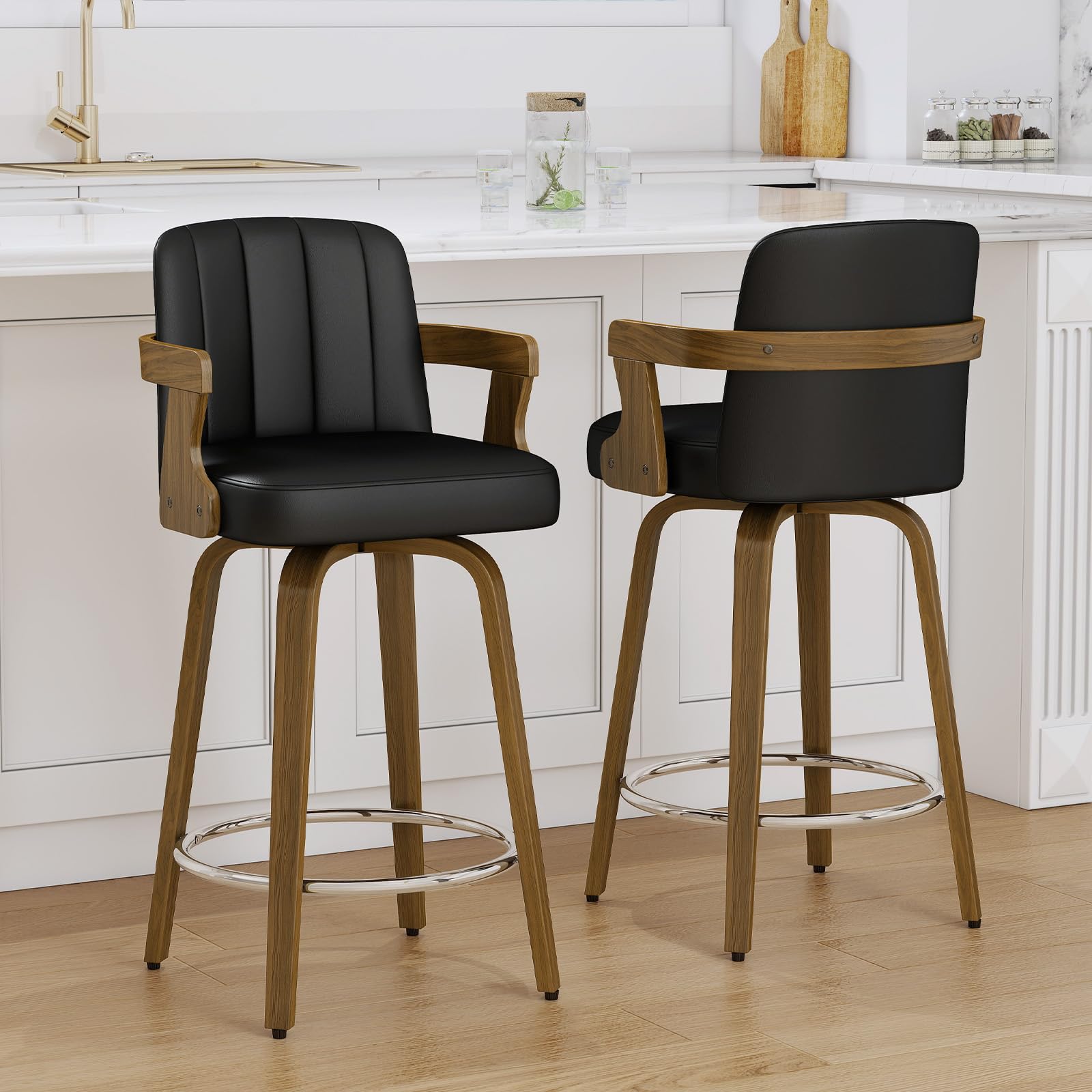 WOOW DEPOT Black Bar Stools Set of 2, 65CM Swivel Counter Height Barstools with Walnut Wooden Arms, High Back Faux Leather Upholstered Kitchen Island Stool for Kitchen Counter, Support 150KG