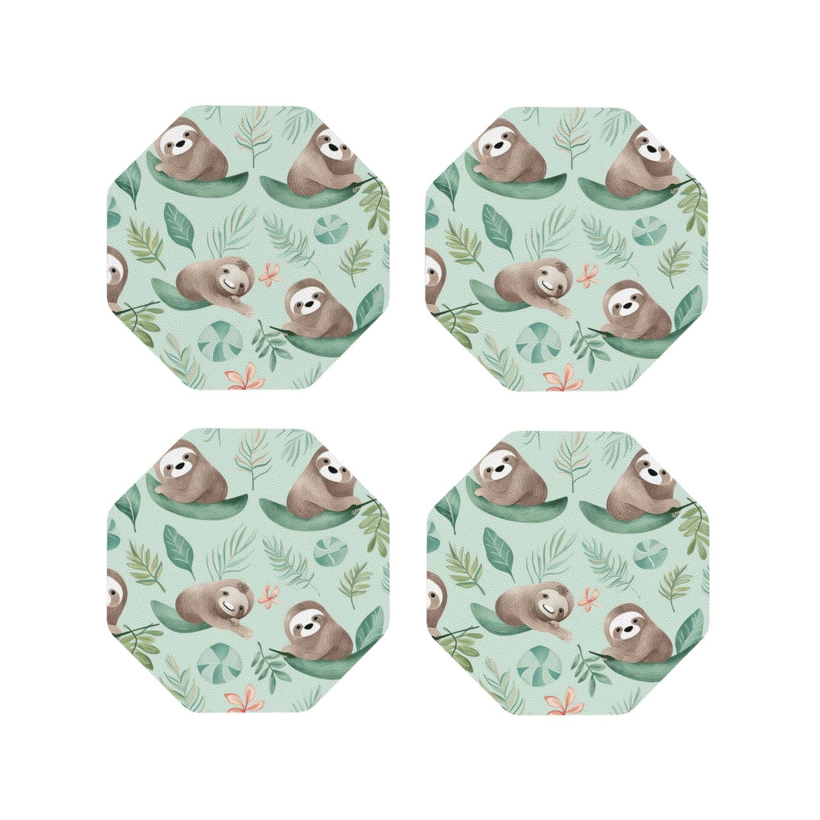 4Pcs PU Leather Coaster for Drinks, Baby Sloth Nursery Pattern Cup Coastersr 4" Cup Mat Pad, Aesthetic Drink Coasters for Coffee Table, Octagon Coaster for Tabletop Protection