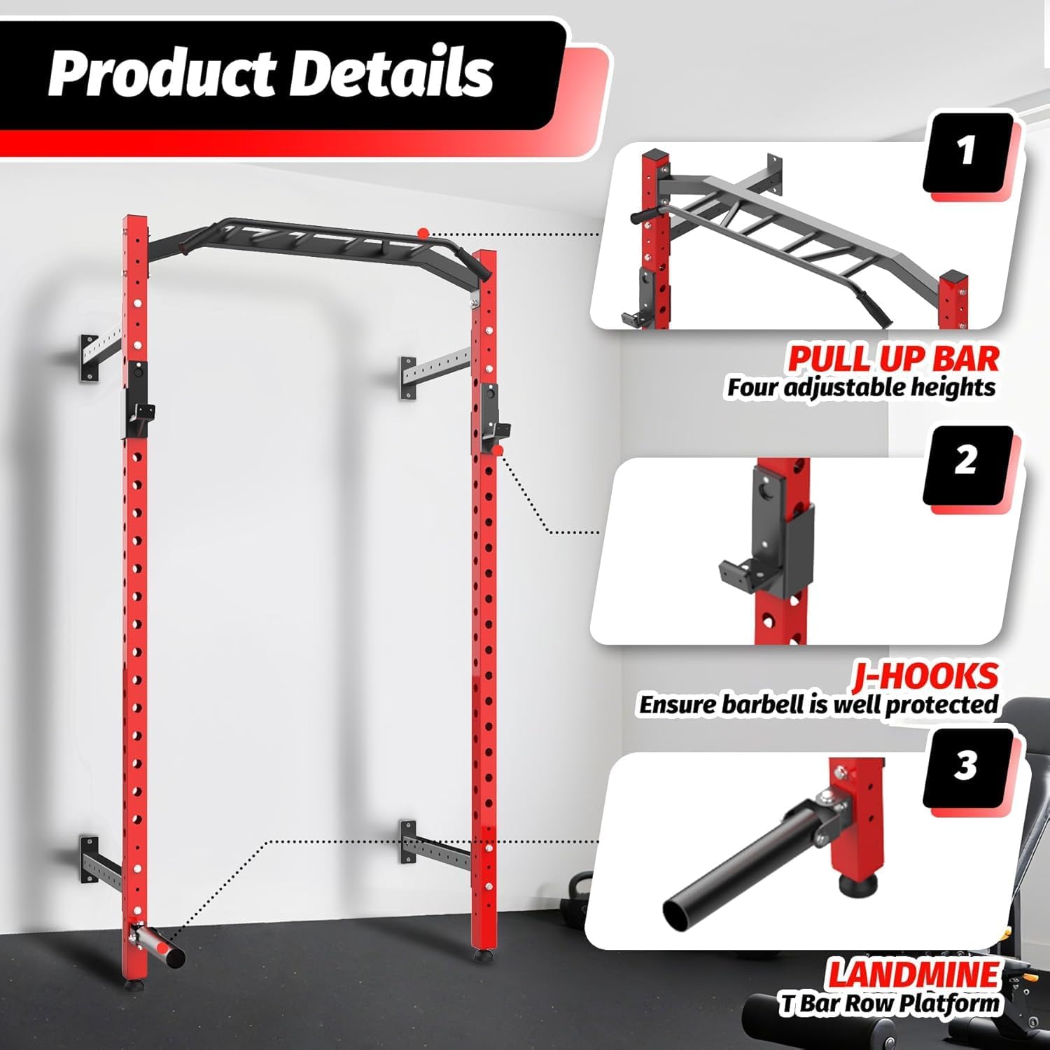 Wall Mounted Power Rack, Heavy Duty Power Rack for Home Gym, Multi-Grip Pull Up Bar with J-Hooks & Landmine Attachment, Space-Saving Wall-Mount Strength Rack for Garage Gym