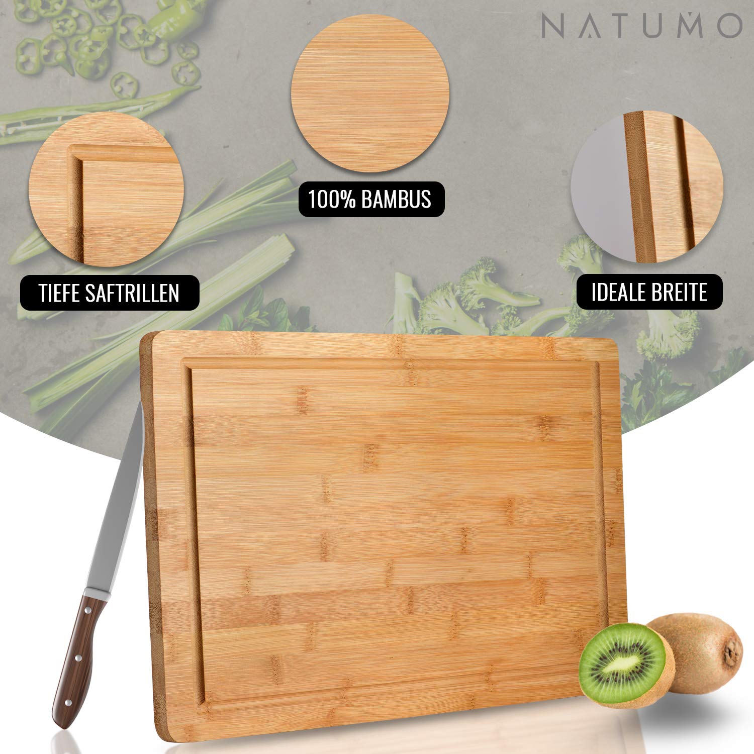 NATUMO Bamboo Chopping Board with Juice Groove 40 x 30 x 1 cm Wooden Board for Kitchen Board and Serving Board Solid Wood, XXL - Image 3