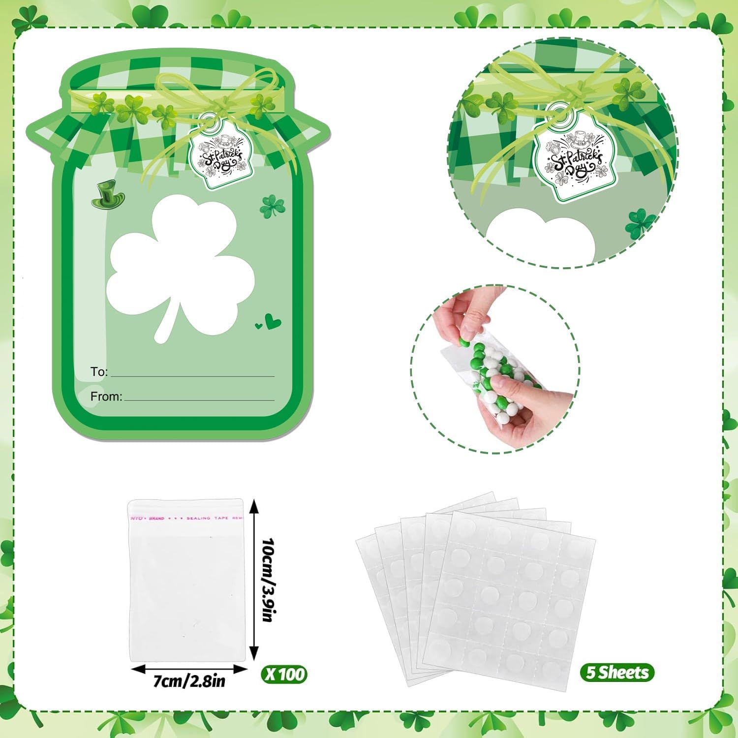 Well tile 60 Set St. Patrick's Day Cards Mason Jar Shape Shamrock Gift Card DIY Crafts Art Cards for Boys Girls School Class Classroom Party(Candy Not Included) - Image 3