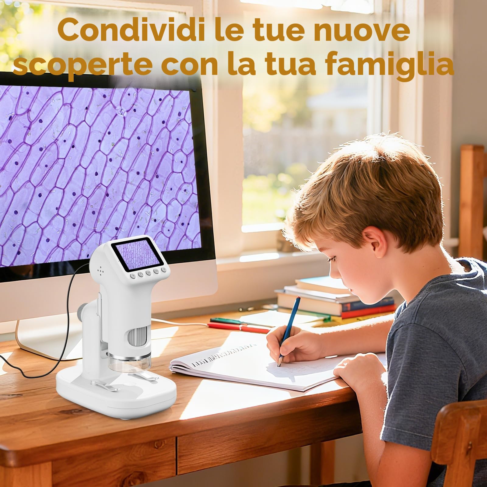 1600X Microscopio bambini, Microscopio Digitale da 2.0" Microscope Elettronico Portatile con 6 luci LED Regolabili e Vetrini, Adatto come regalo di Natale, Capodannodai 3-14 anni