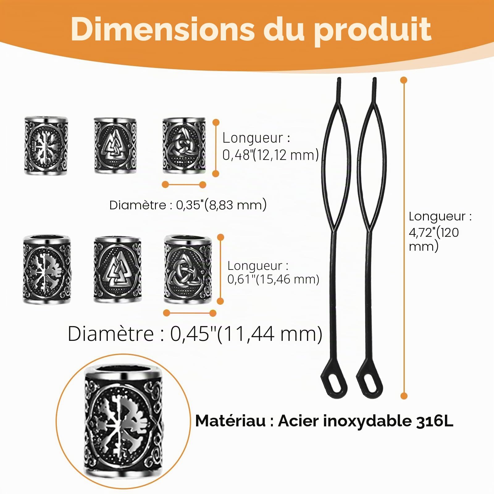 Cupimatch Ensemble de perles de barbe et de cheveux viking : Bijou en acier inoxydable - 6 perles runiques celtiques de 2 tailles avec enfileuse de cheveux - Bijoux DIY pour dreadlocks - Unisexe
